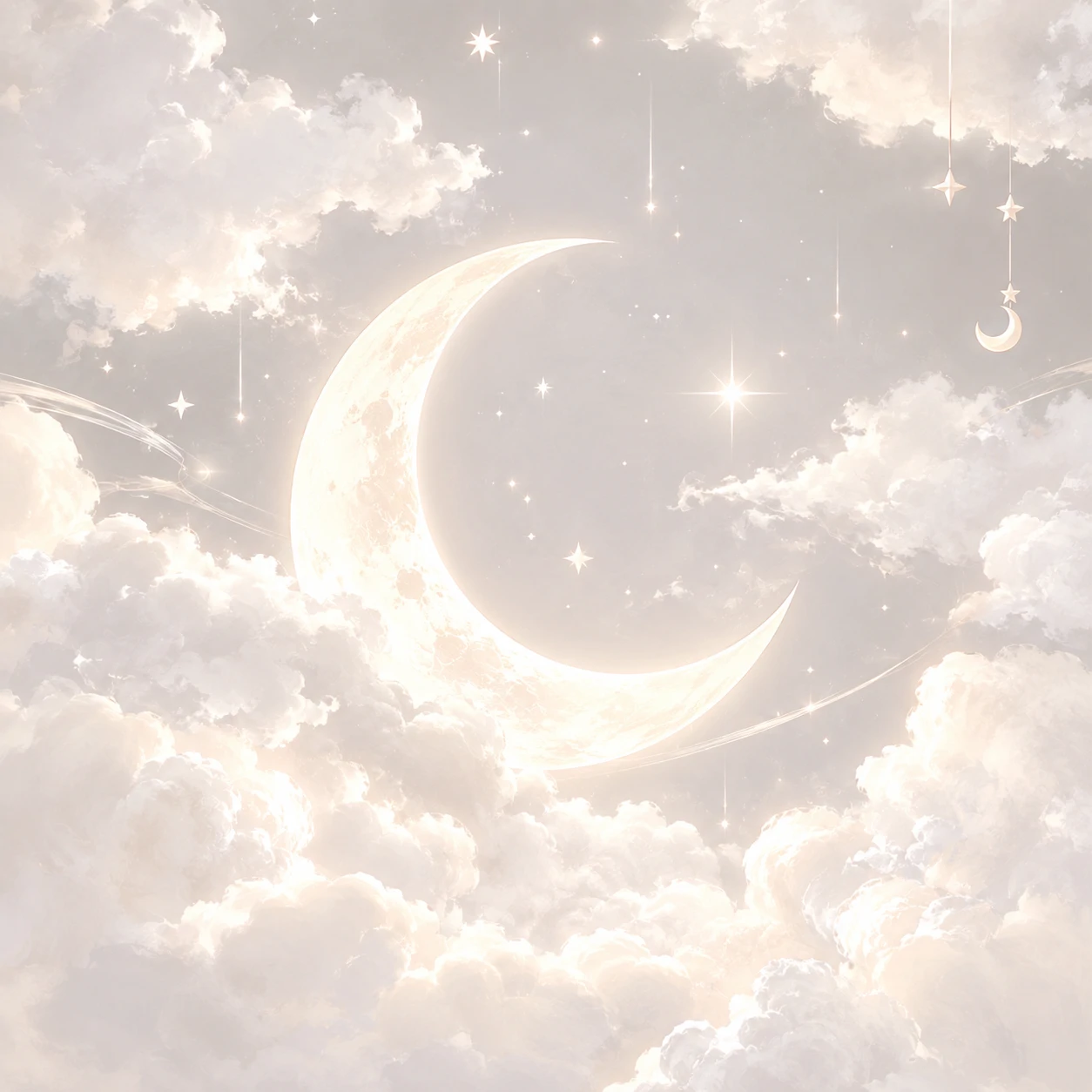 White aesthetic Discord PFP with a crescent moon and soft cloud details