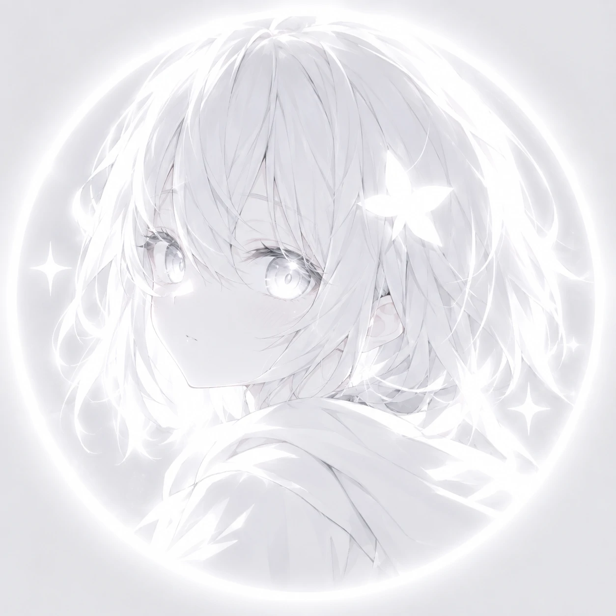 Discord white PFP anime style with a soft glowing character icon
