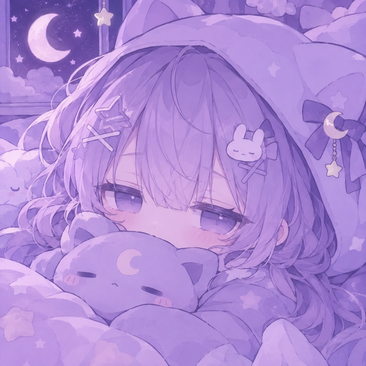 Dreamy kawaii PFP in lavender and lilac tones with a sleepy cute character