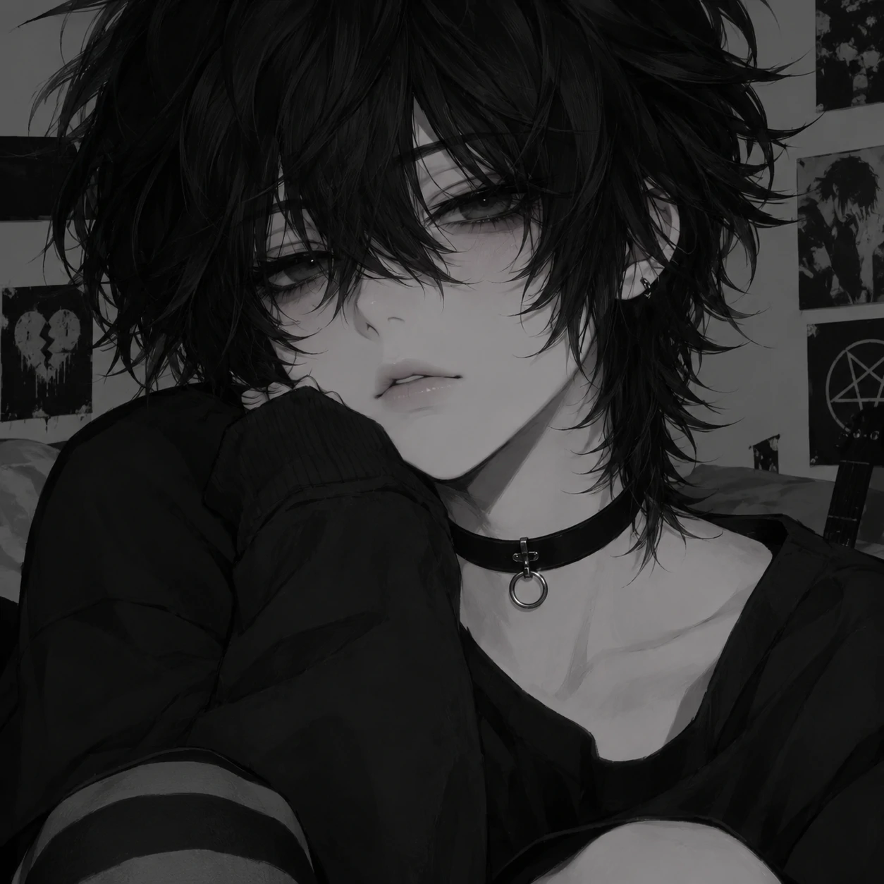 Emo femboy PFP with messy black hair, choker necklace and pale gray tones