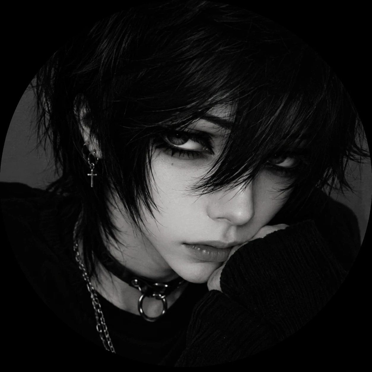 Emo femboy PFP with dark eyeliner, side-swept black hair and moody expression