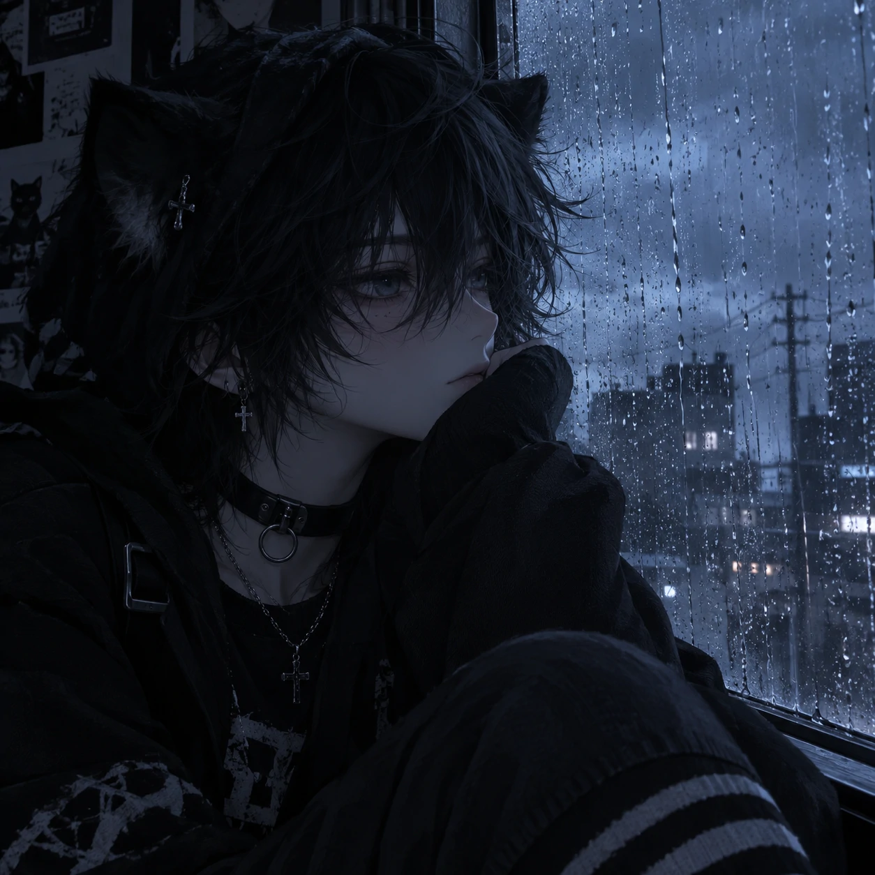 Emo femboy PFP beside a rainy window with blue-gray melancholic lighting