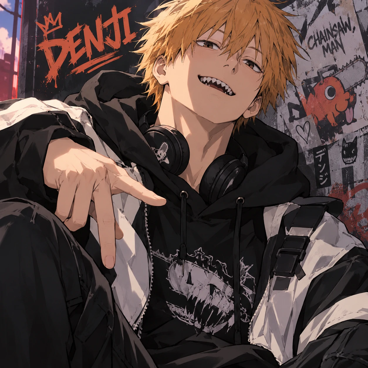 Cool fanart Denji profile picture wearing streetwear, modern anime illustration