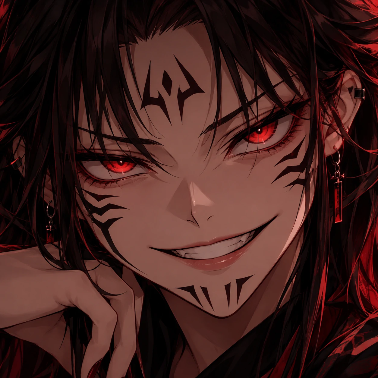 Female Sukuna icon with dangerous smile and red eyes