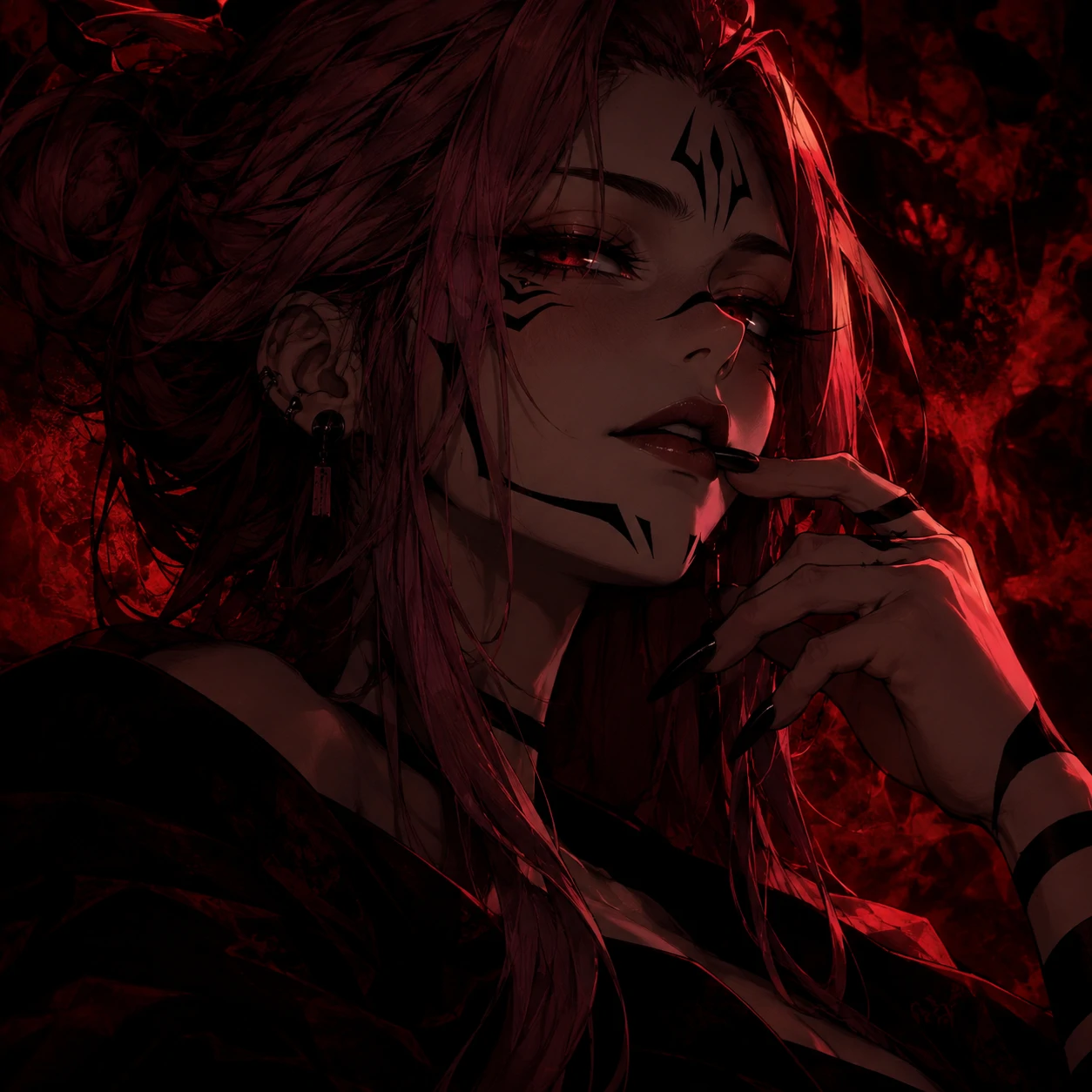 Dark aesthetic female Sukuna PFP with shadowy red background