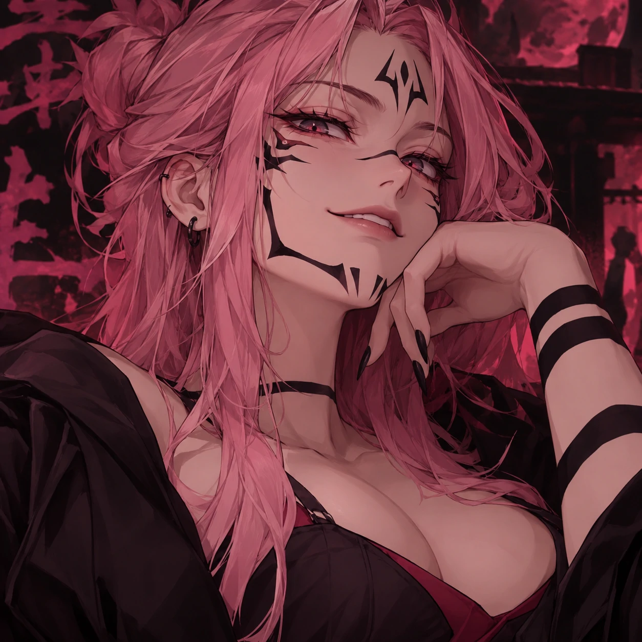 Female Sukuna PFP fan art with pink hair and cursed facial markings