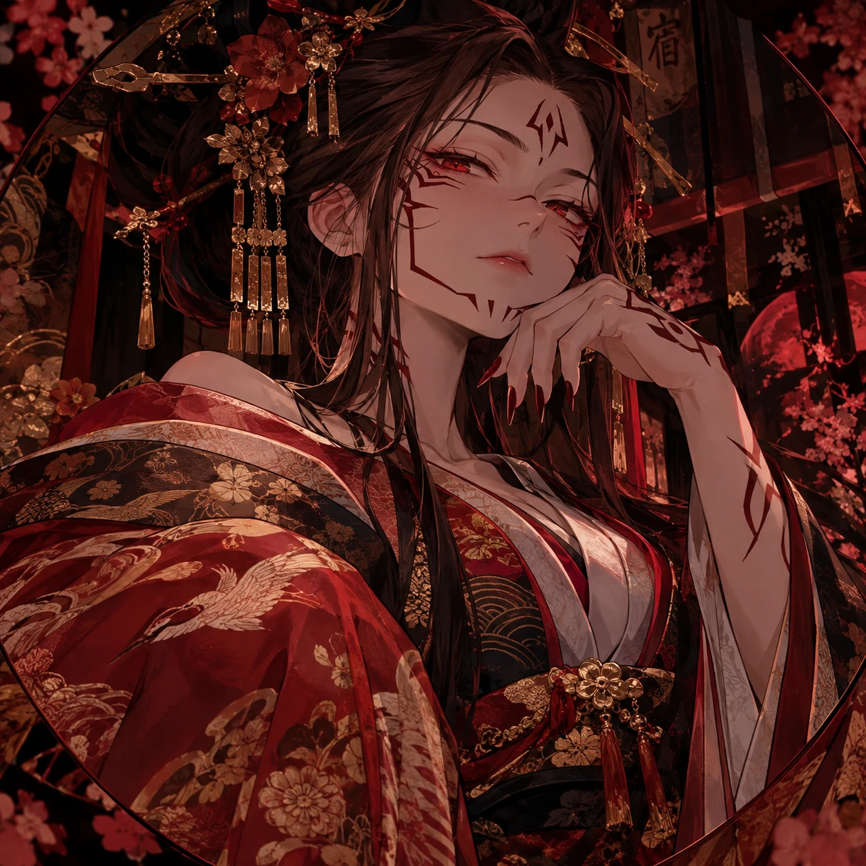 Female Sukuna PFP in Heian era inspired dress with traditional patterns