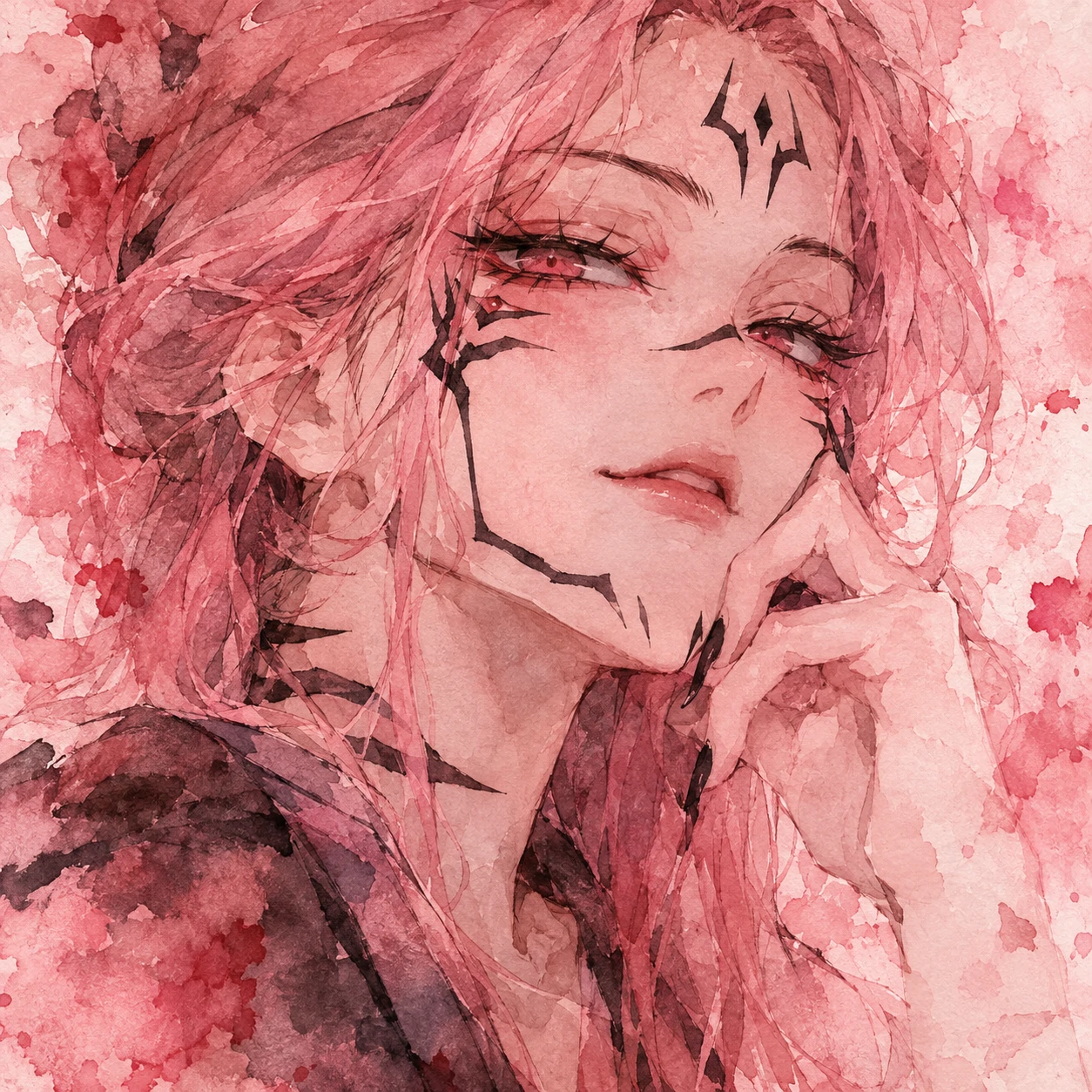 Female Sukuna PFP in watercolor art style with soft pink tones