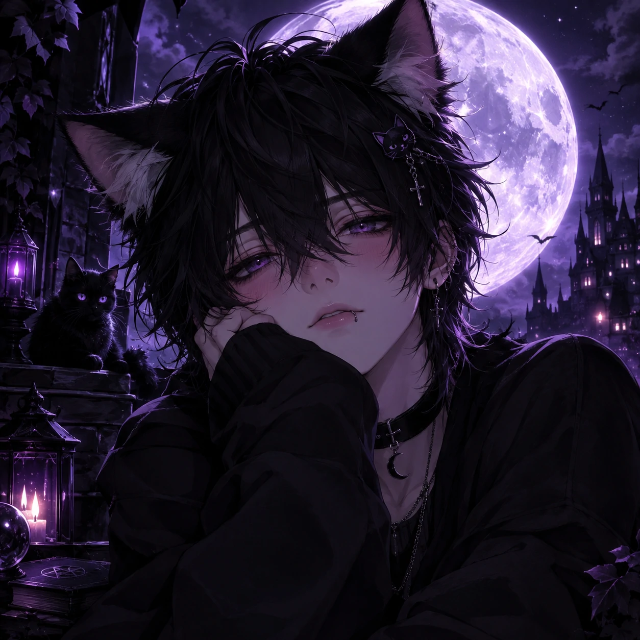 Femboy cat PFP with black cat ears, moon background and witchy night palette