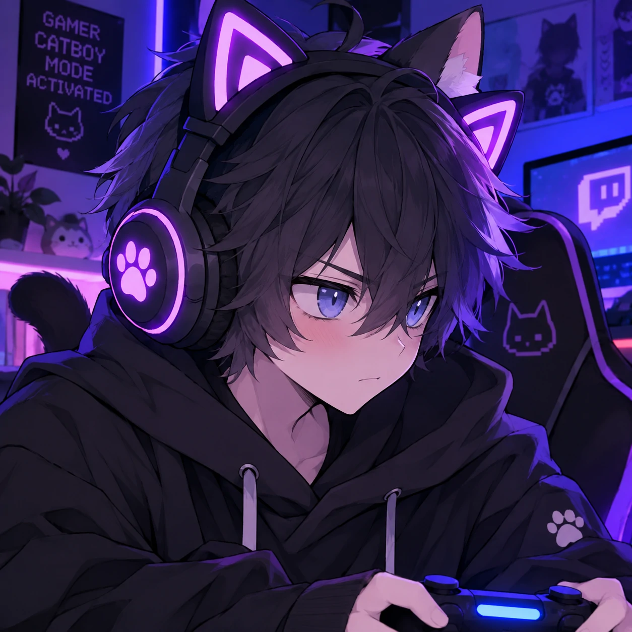 Femboy cat PFP with cat-ear headphones, hoodie and focused gaming expression