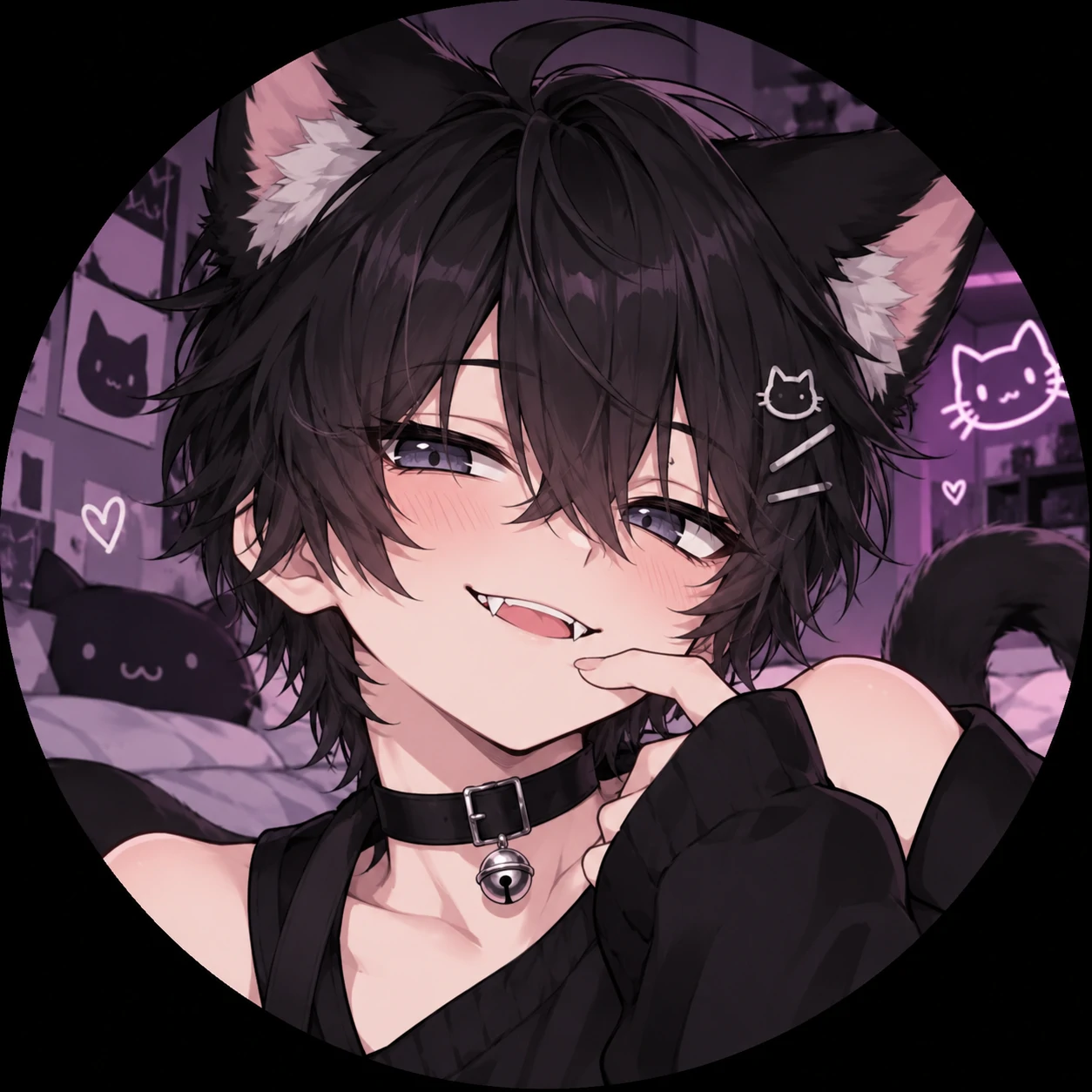 Femboy cat PFP with black neko ears, small fangs and playful smirk
