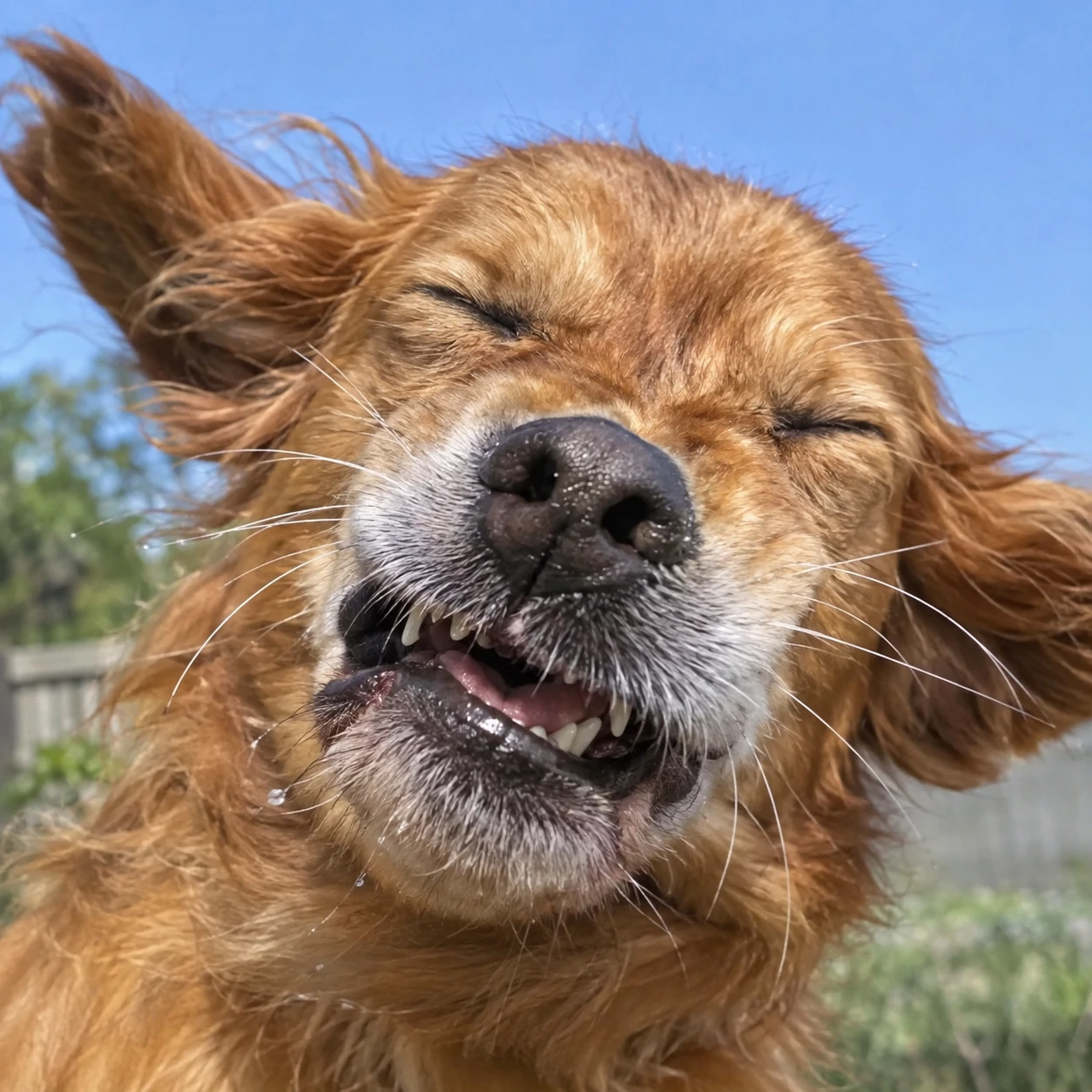 Funny dog profile picture catching a dog mid-sneeze with squinted eyes