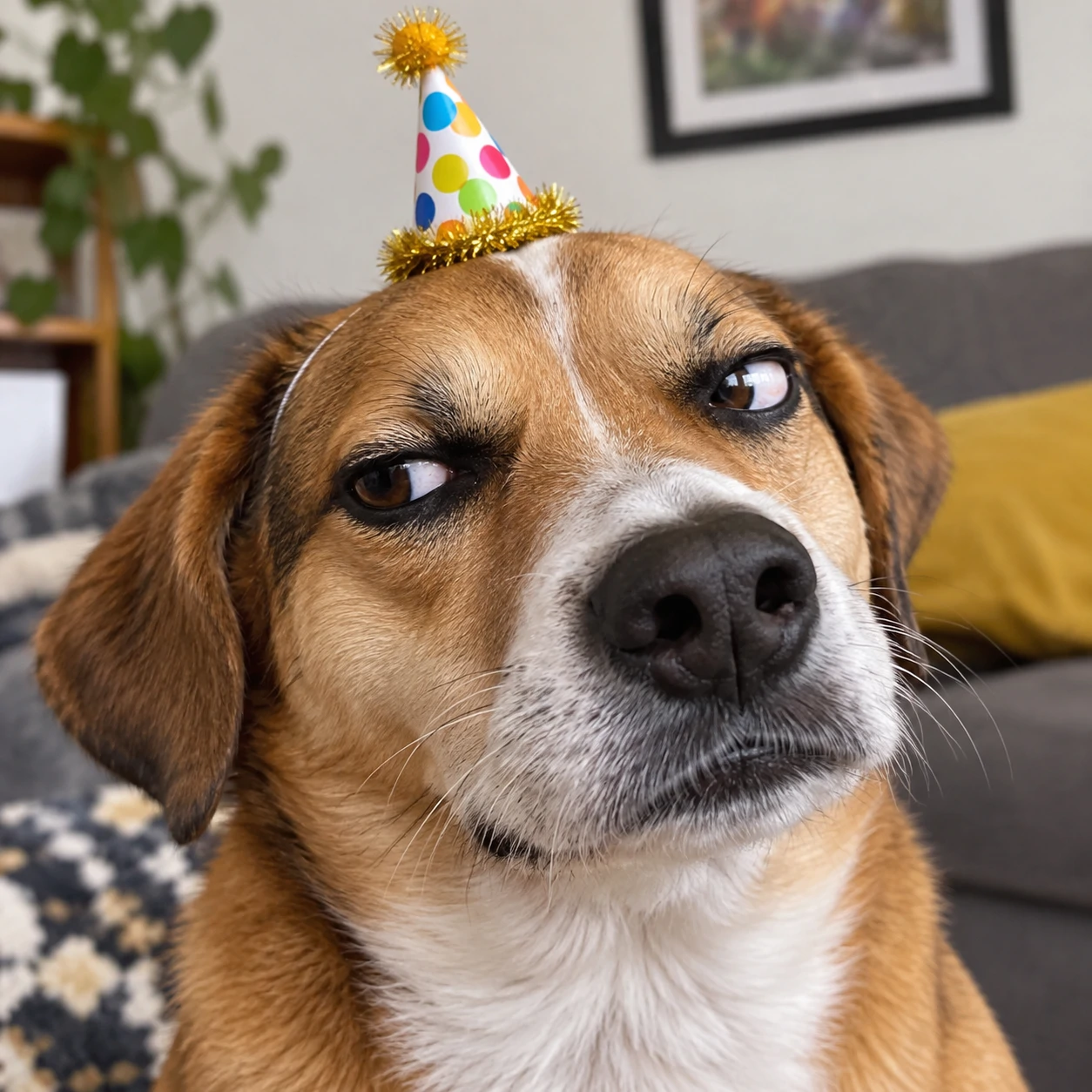 Funny dog profile picture of a dog wearing a tiny party hat