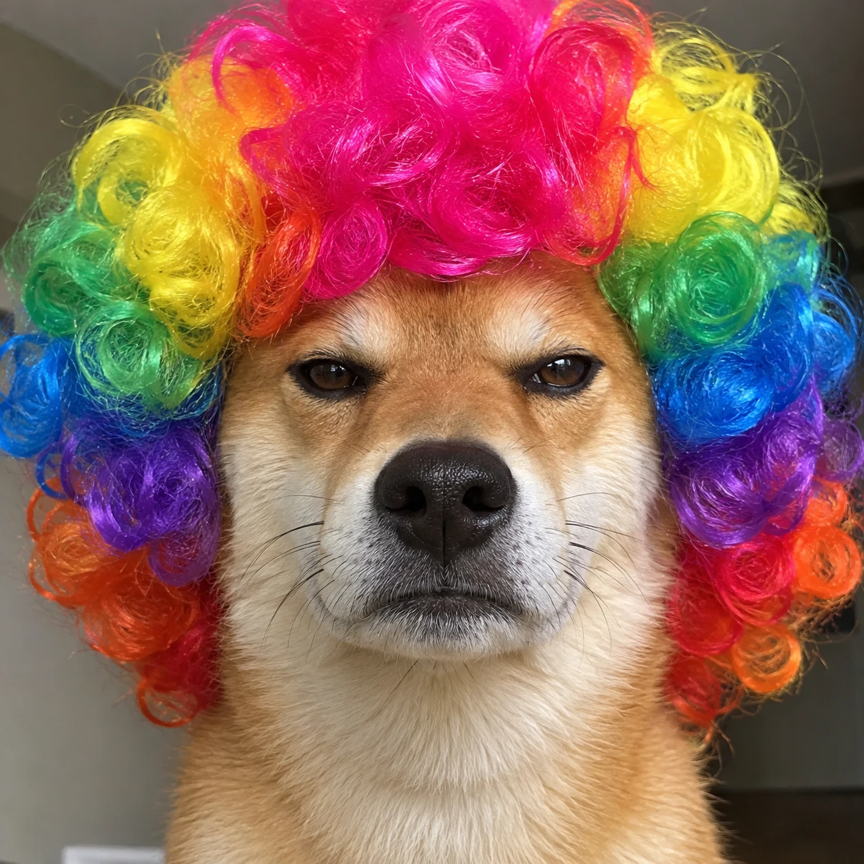 Funny dog PFP of a dog wearing a colorful wig and looking serious
