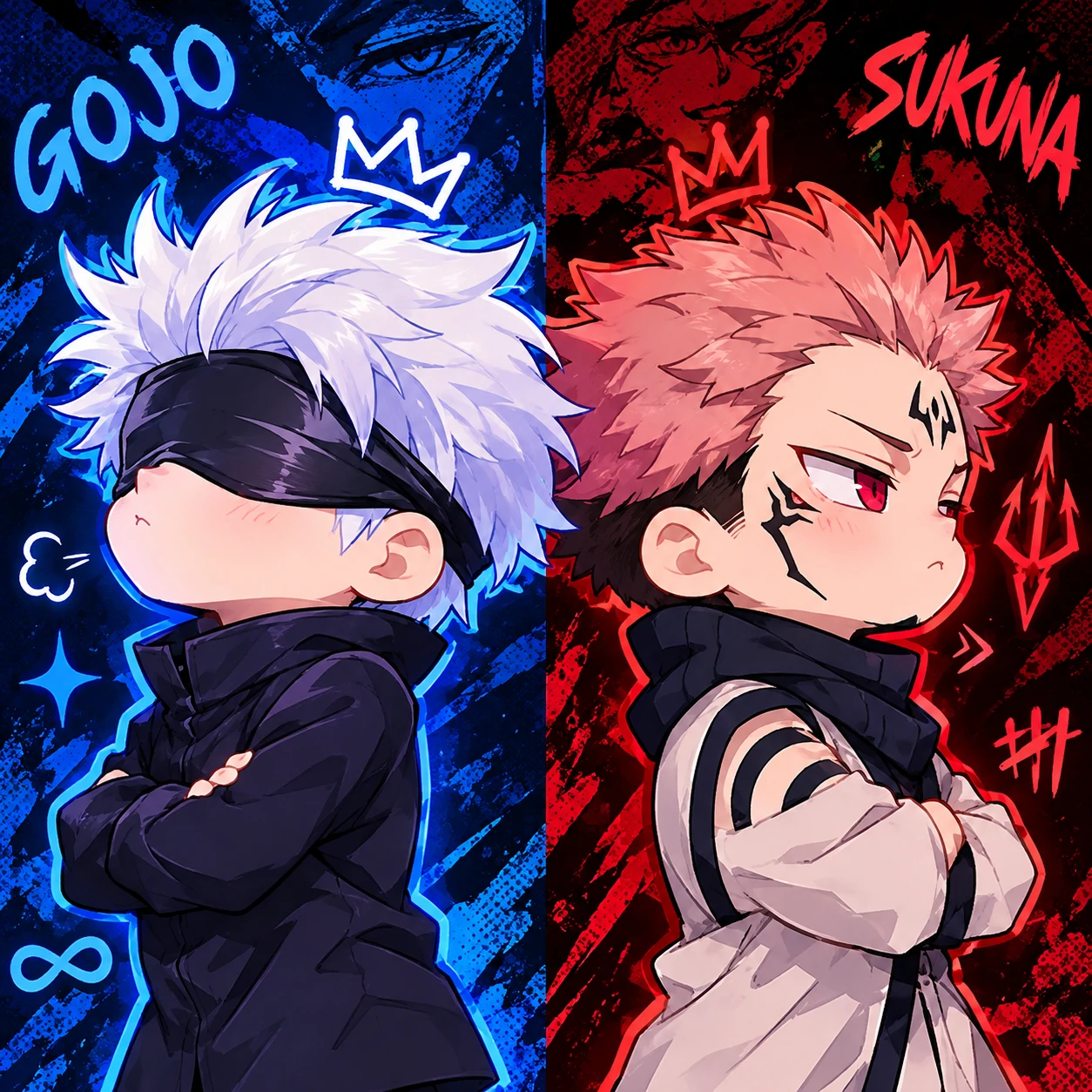 Chibi Gojo and Sukuna matching PFP set with cute back-to-back pose