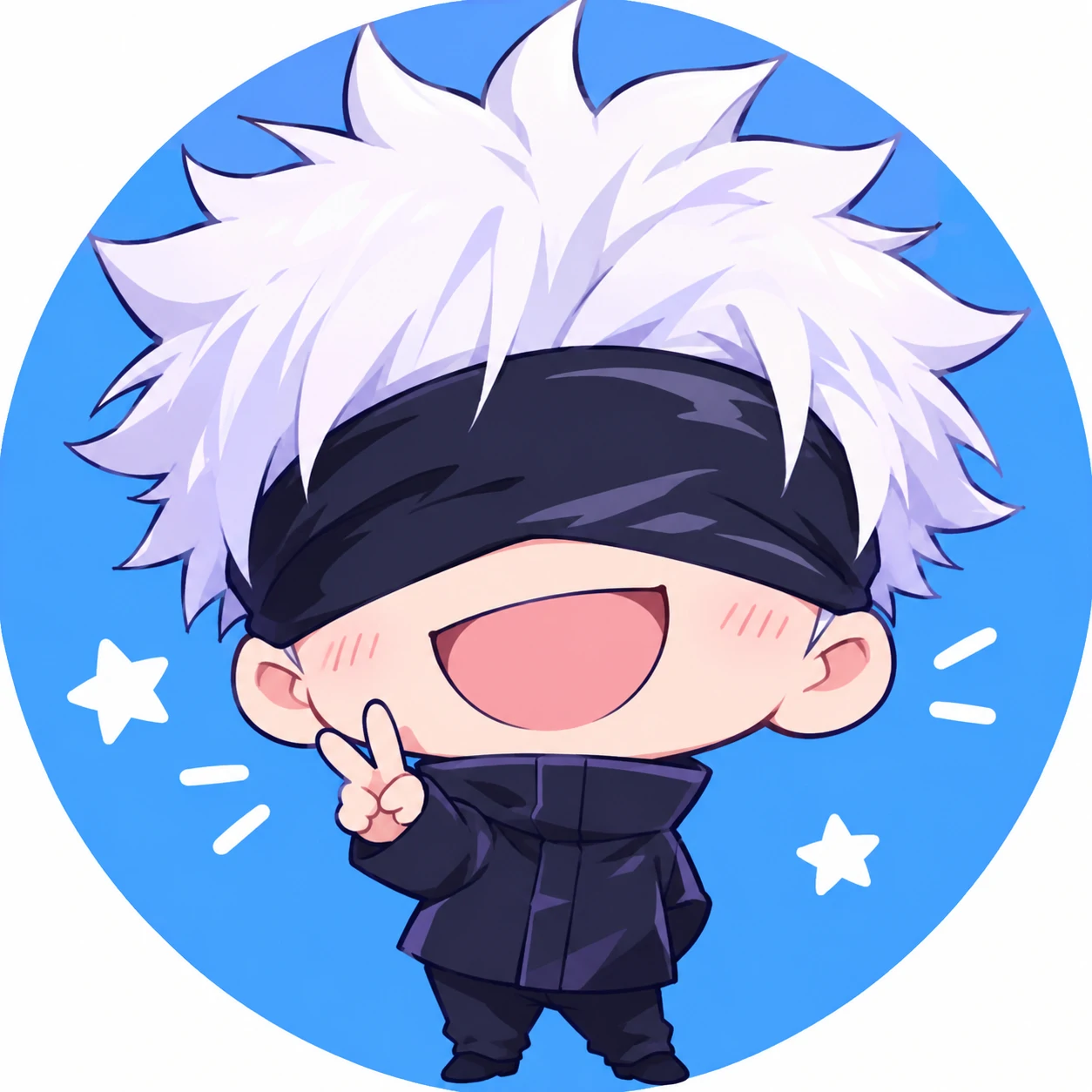 Cute chibi Gojo PFP with a big cheerful smile and simplified cartoon style
