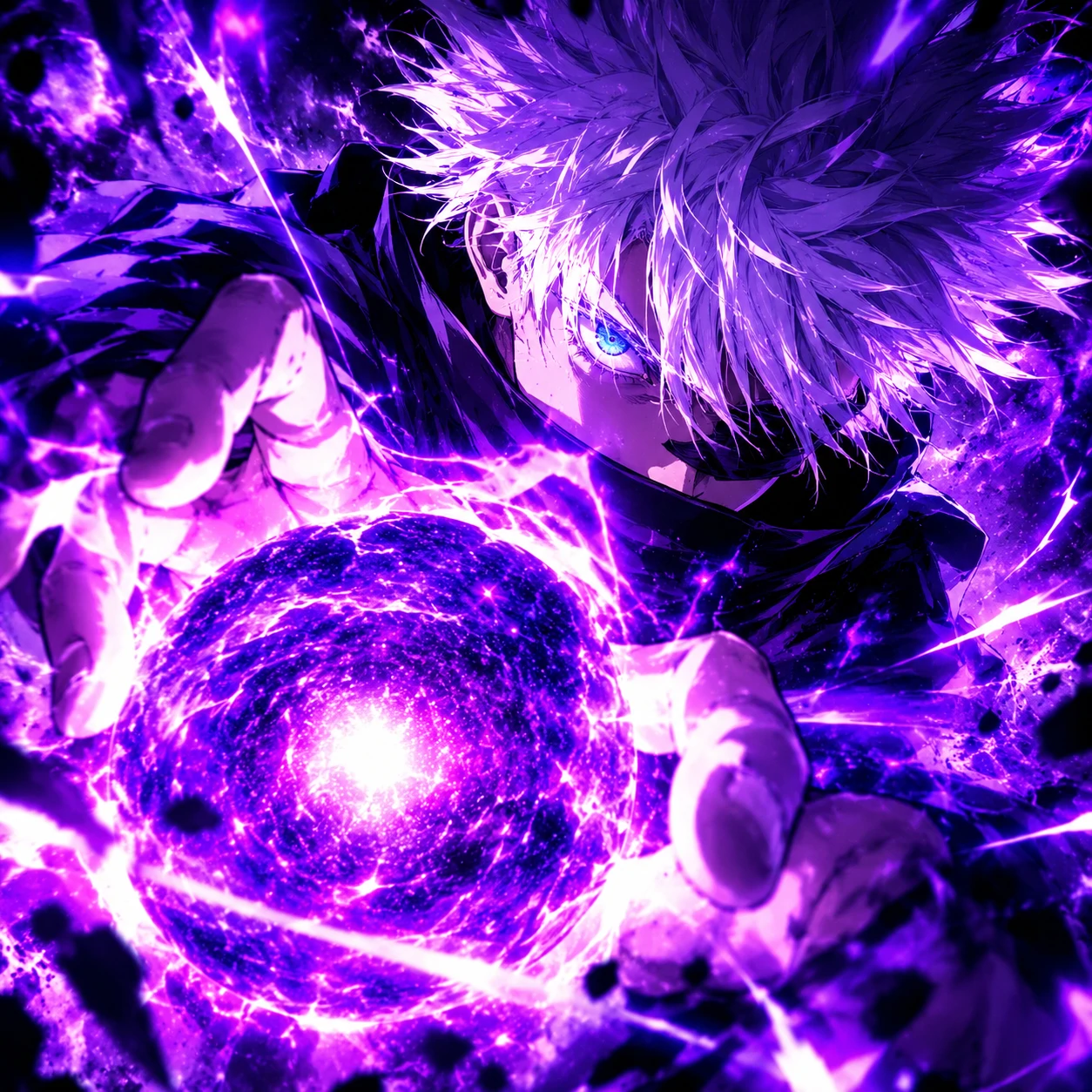 Gojo PFP mid-battle charging his Hollow Purple technique with purple energy