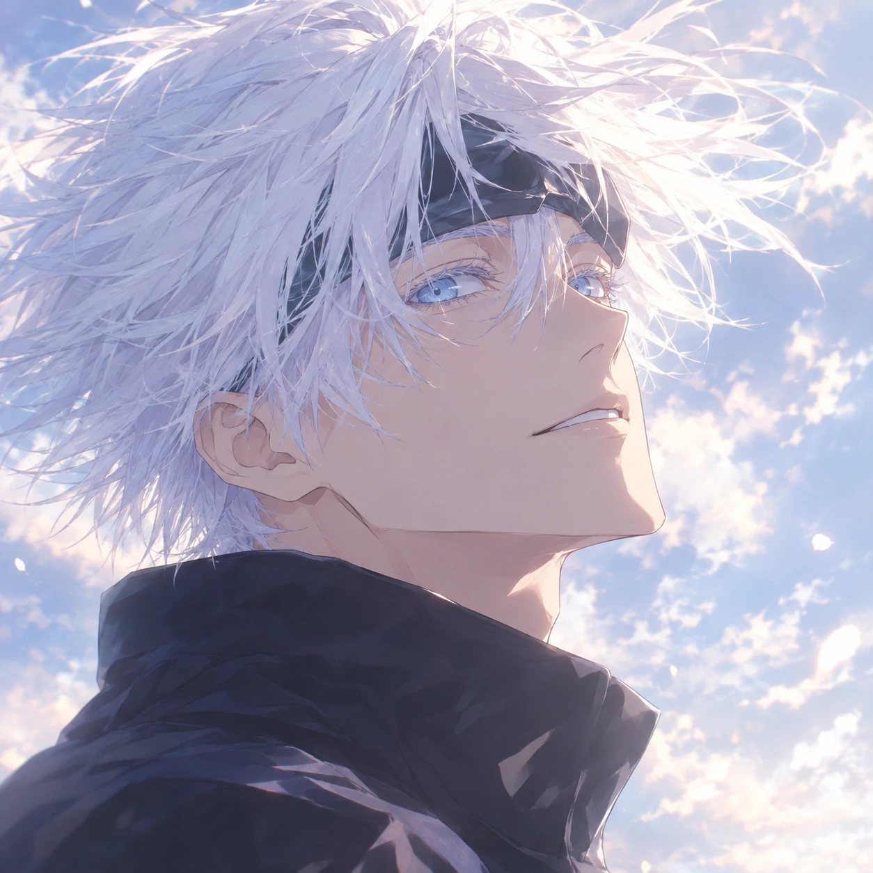 Portrait Gojo PFP with white hair blowing in the wind and soft sky background