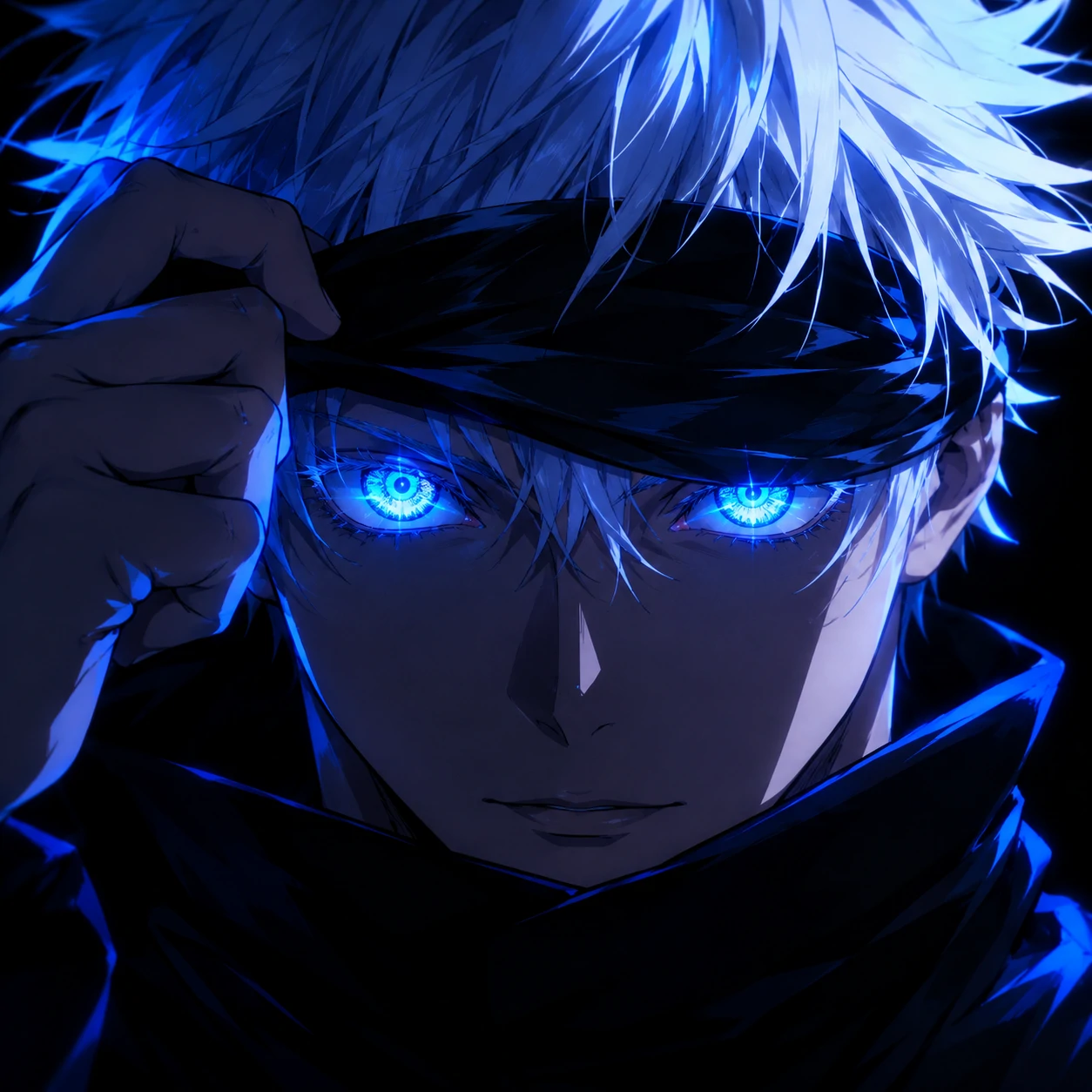 Gojo Satoru PFP revealing his glowing blue Six Eyes against a dark background