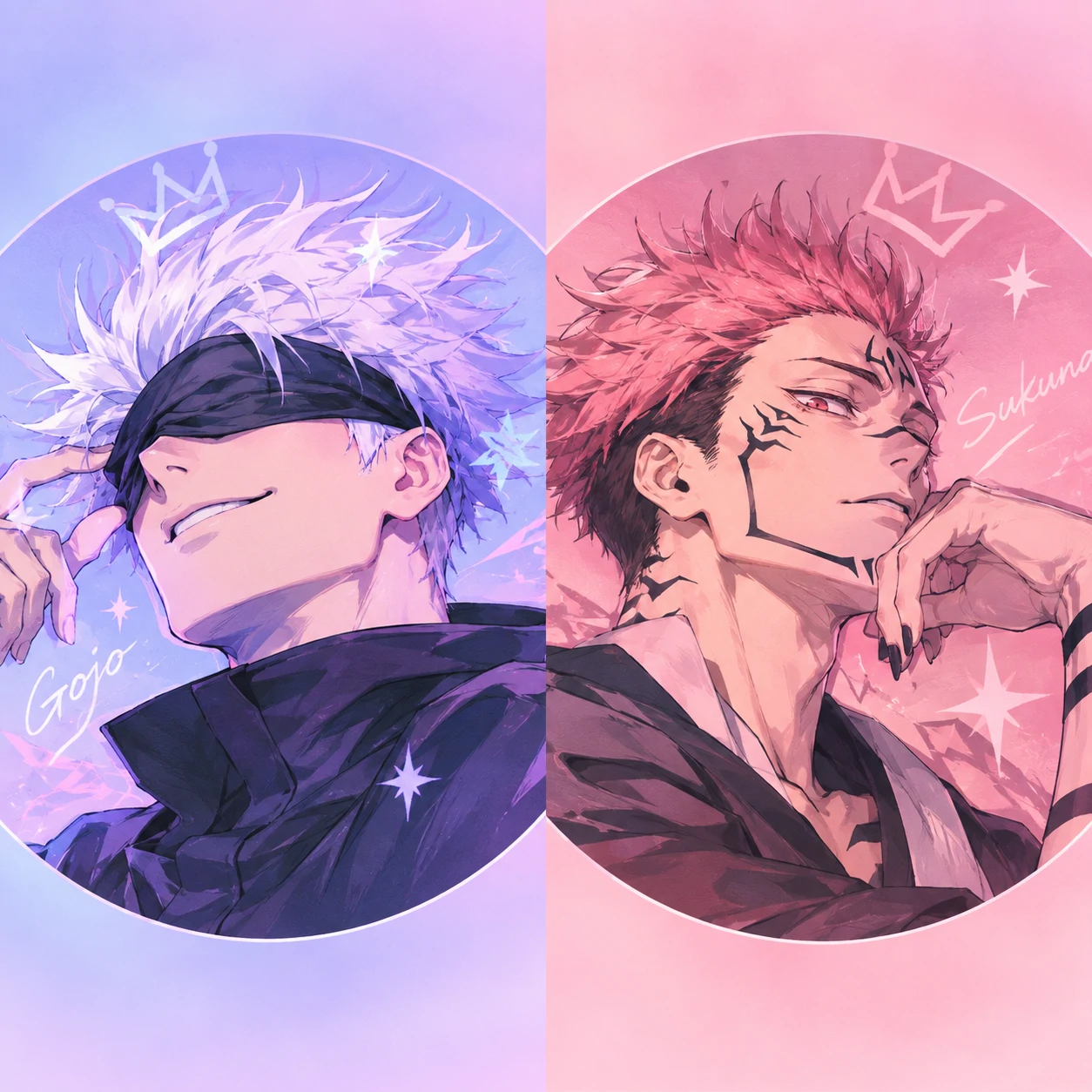 Aesthetic Gojo and Sukuna matching PFP with pastel gradient backgrounds