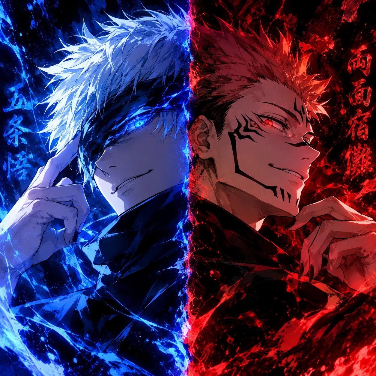 Gojo and Sukuna matching PFP split artwork with blue and red halves