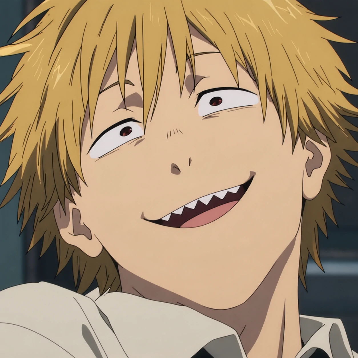 Goofy Denji PFP with derpy smile, popular Chainsaw Man anime meme frame