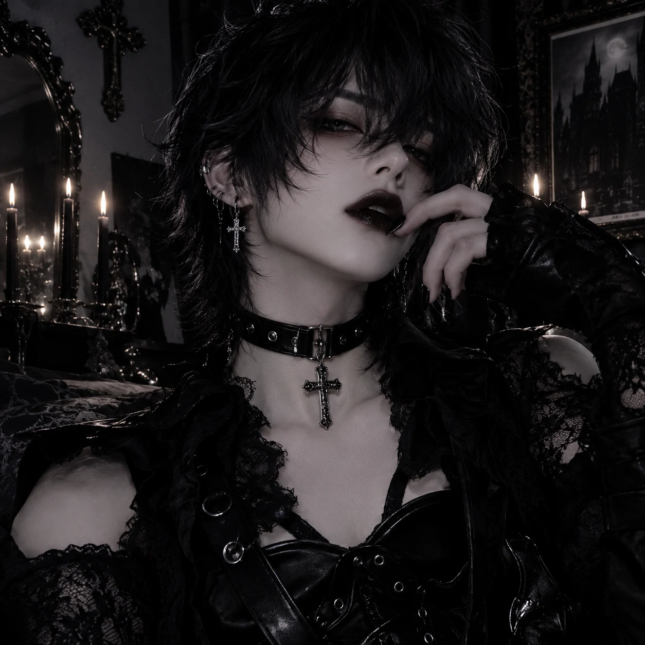 Goth femboy PFP with cross choker, dark lips and dramatic black outfit