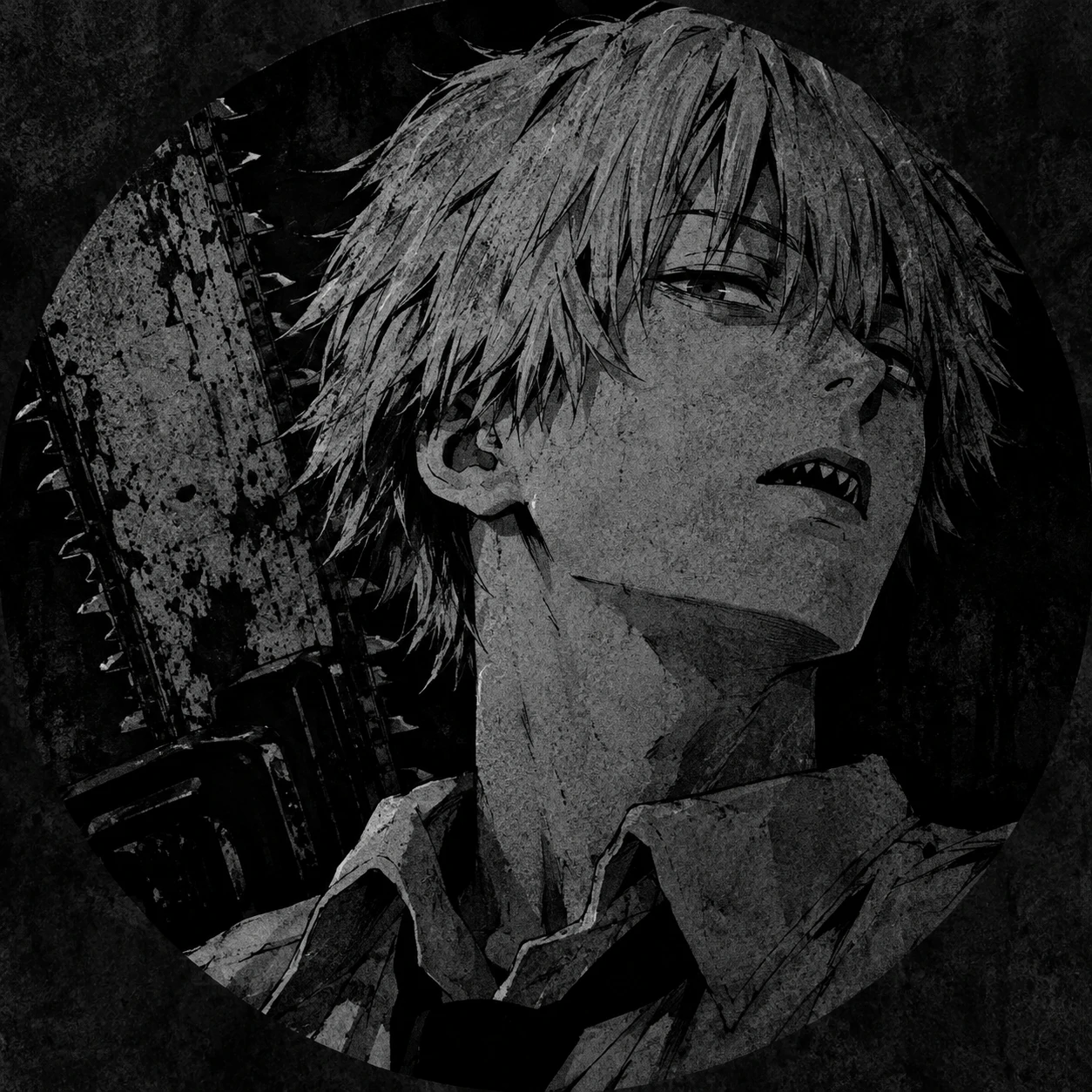 Grayscale Denji PFP with gritty texture, moody Chainsaw Man anime icon