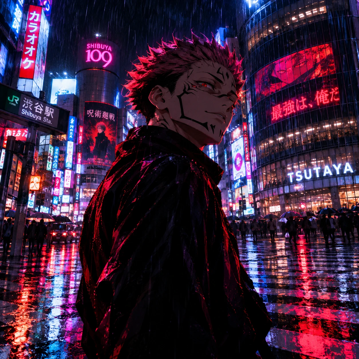 HD Sukuna PFP standing in Shibuya rain with neon reflections