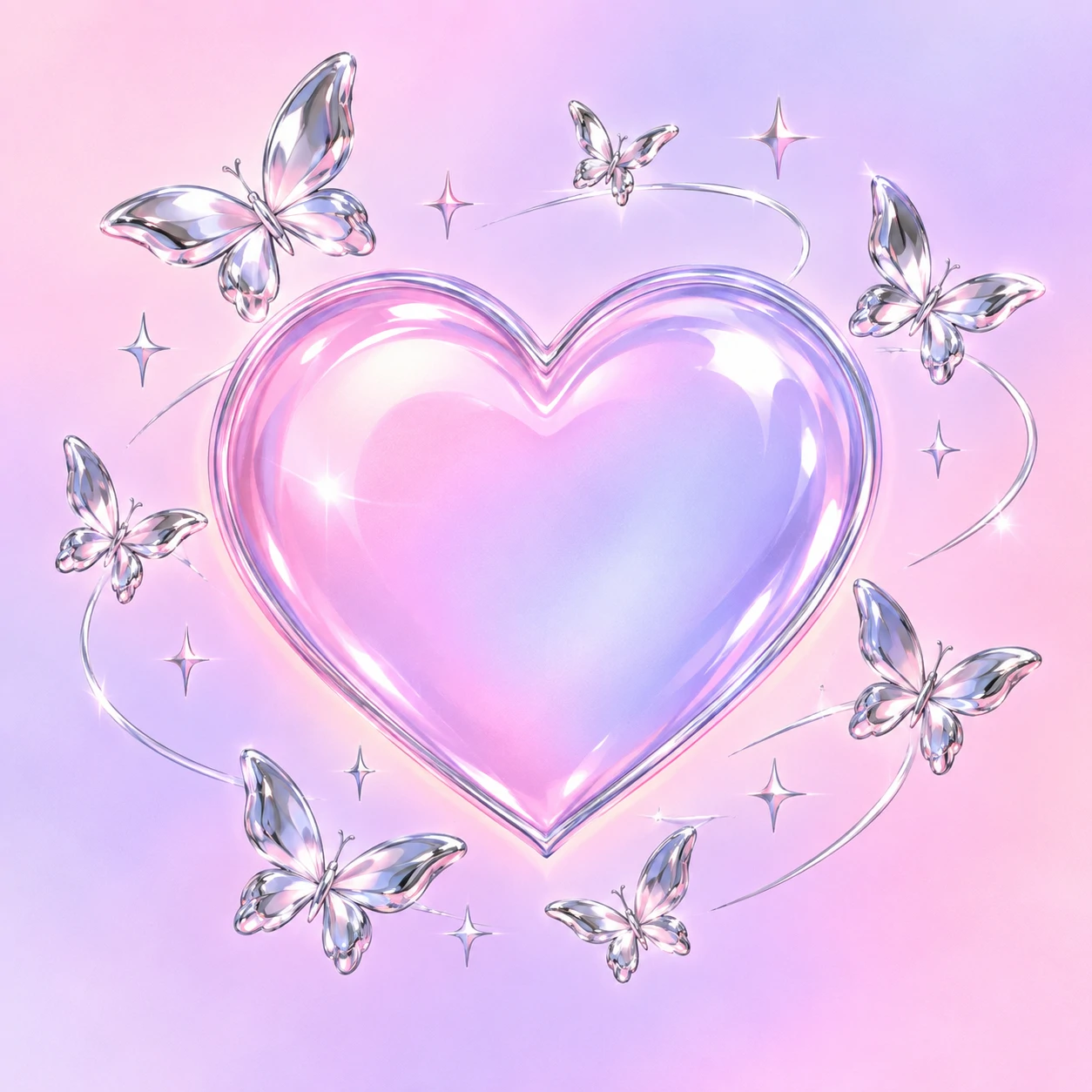 Y2K heart pfp framed by small chrome butterflies and pastel gradient background