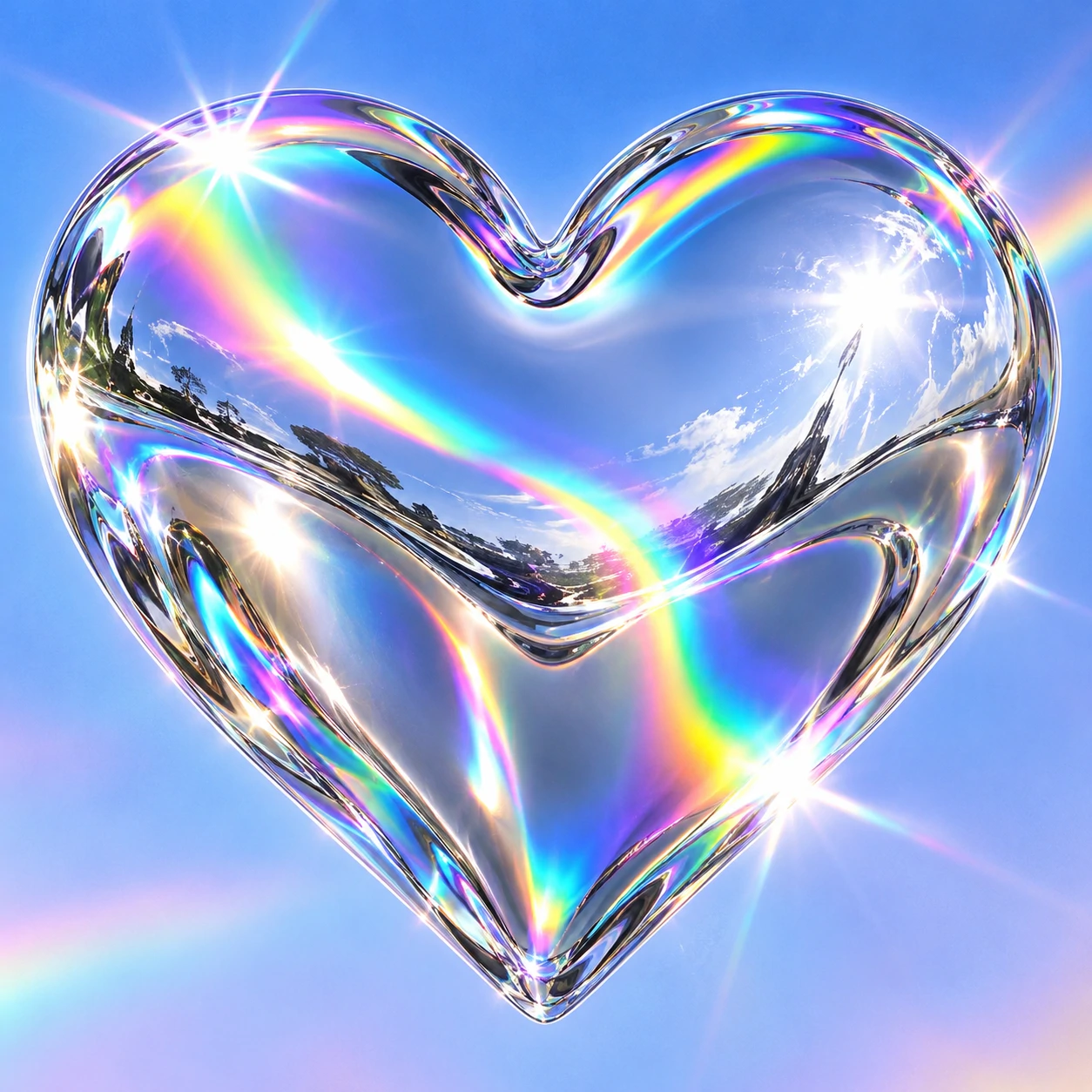 Y2K heart pfp in liquid chrome silver with rainbow light reflections