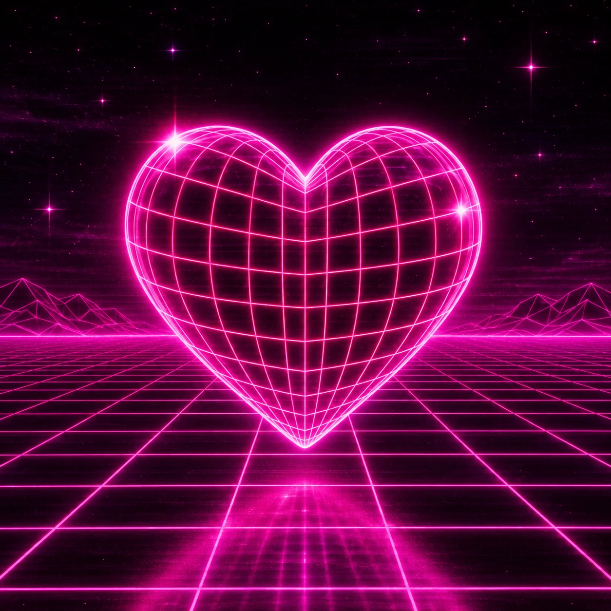 Y2K cyber heart pfp with wireframe grid lines and glowing pink neon edges