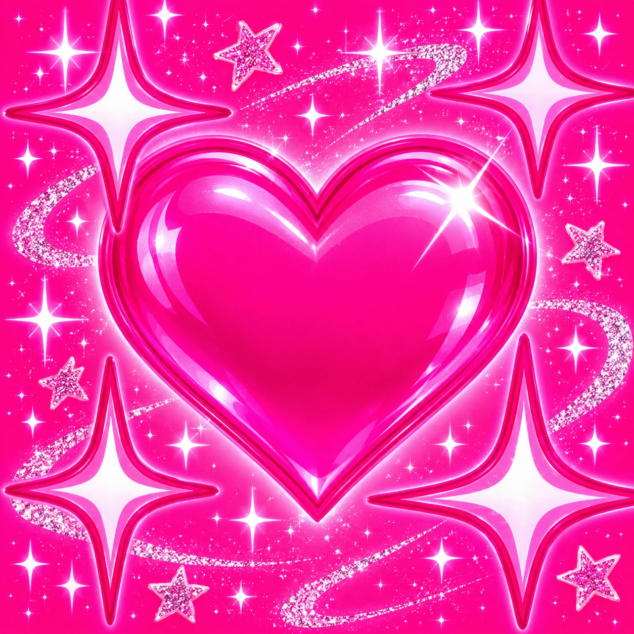 Y2K heart pfp in hot pink with bold starbursts and sparkle accents