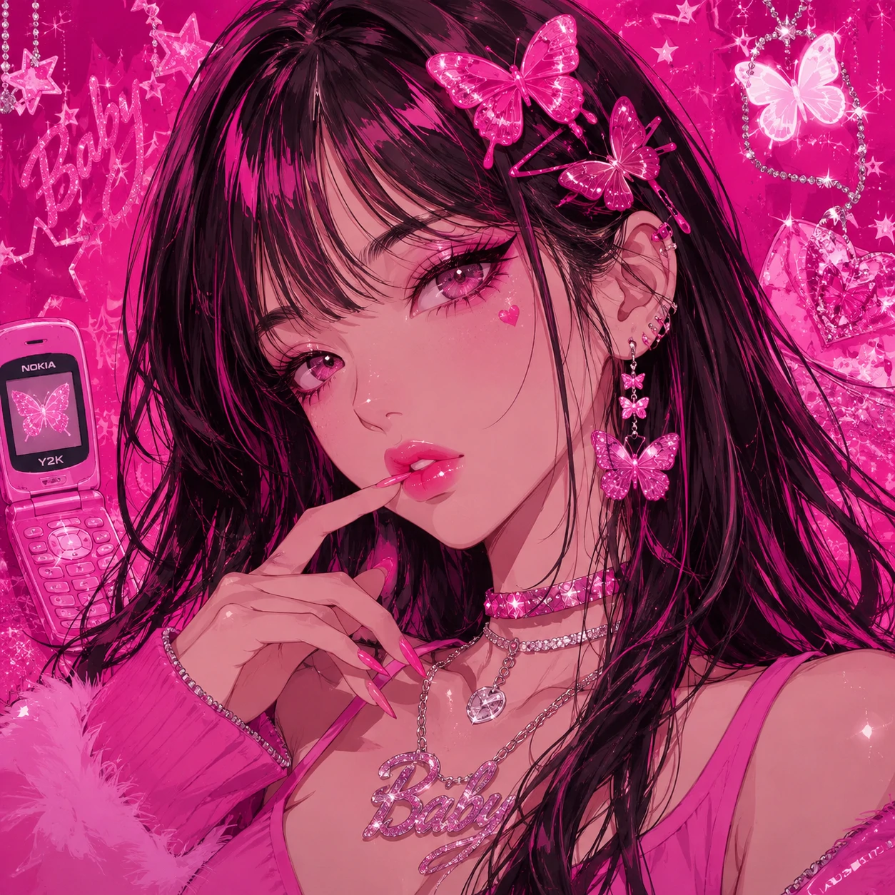 Hot pink Y2K anime girl pfp with butterfly clips and glossy lips