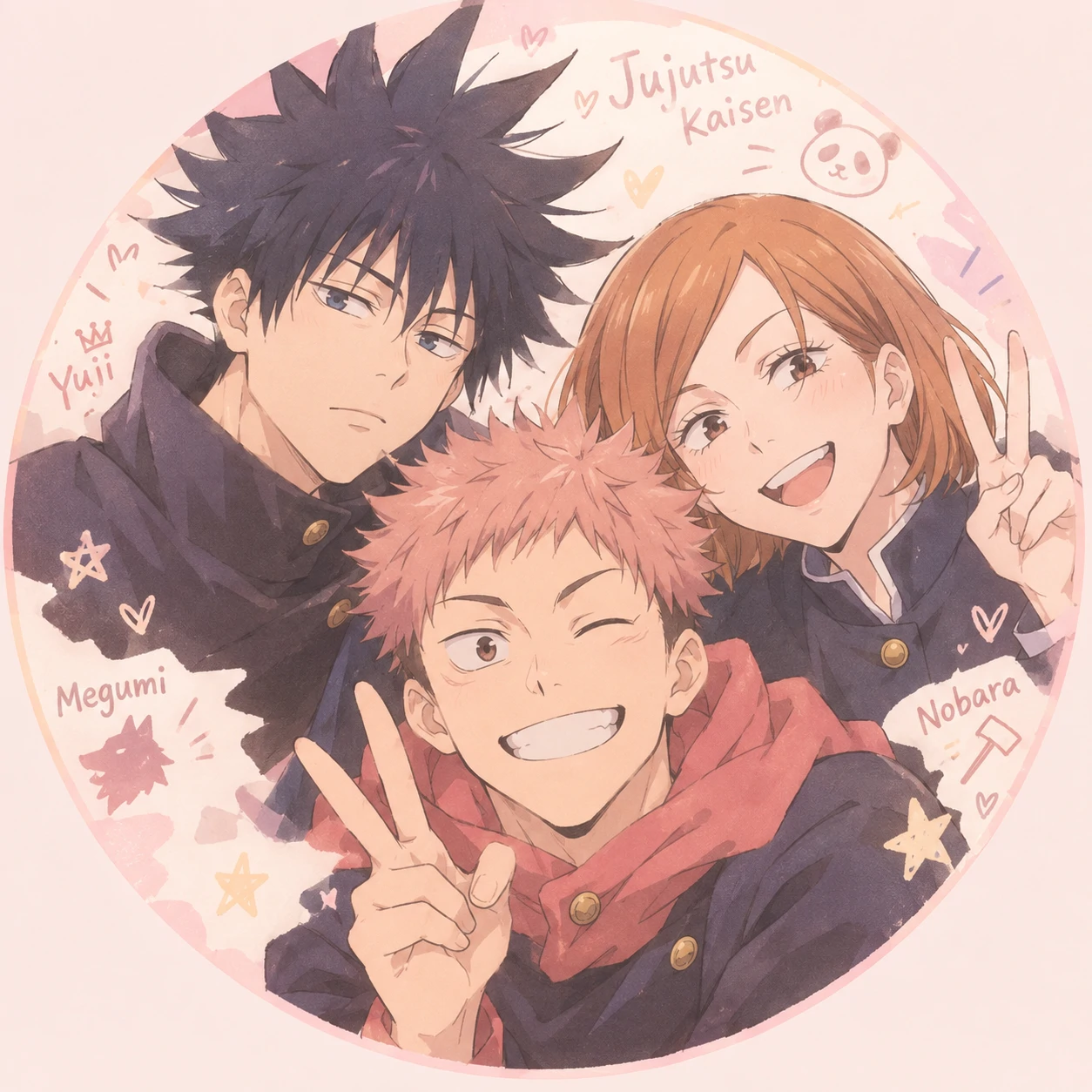 Aesthetic JJK PFP of Yuji, Megumi, and Nobara together in a soft pastel fan edit