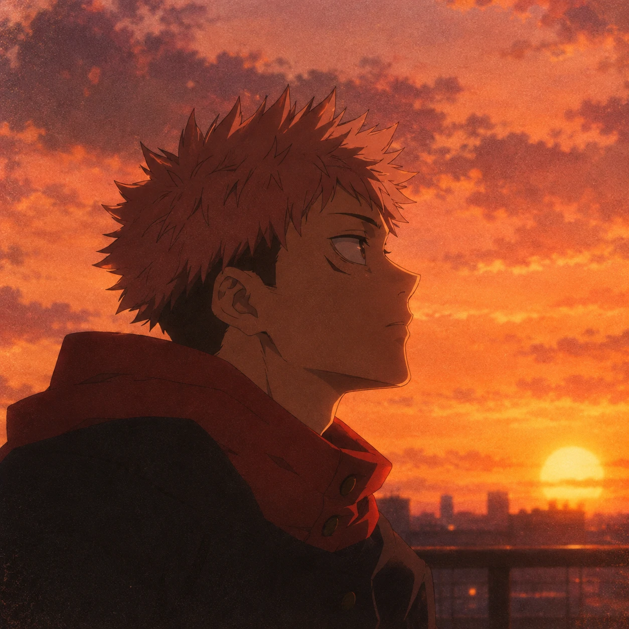 Aesthetic Jujutsu Kaisen profile picture of Yuji Itadori against warm sunset orange sky