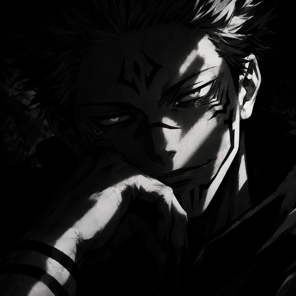 Black and white Sukuna PFP with heavy shadows and dramatic lighting