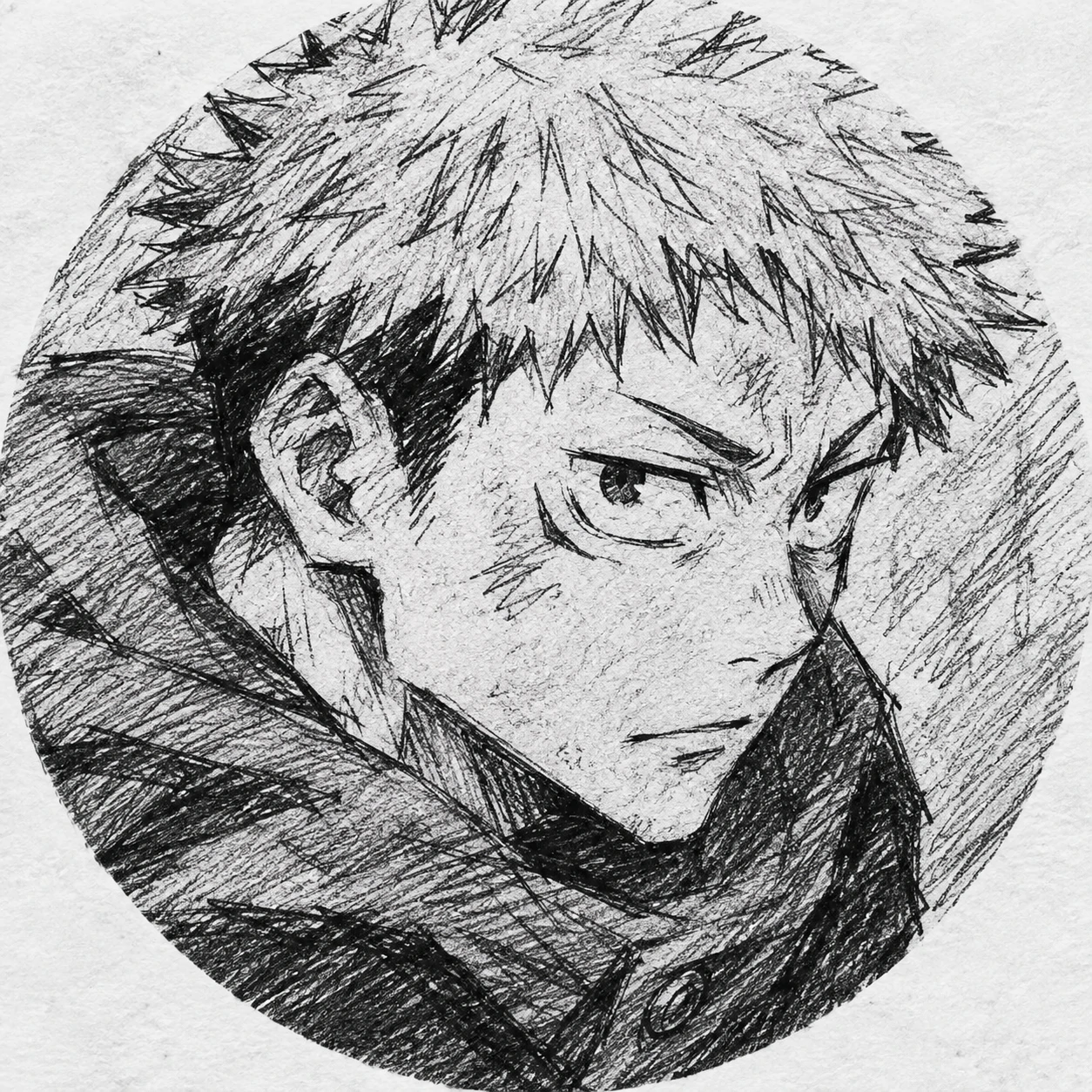 Black and white sketch-style JJK PFP of Yuji Itadori with rough pencil texture