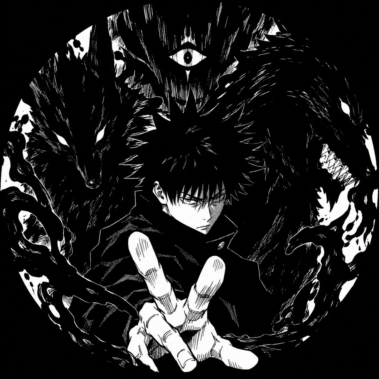 JJK manga PFP of Megumi Fushiguro summoning shadows in a dramatic panel