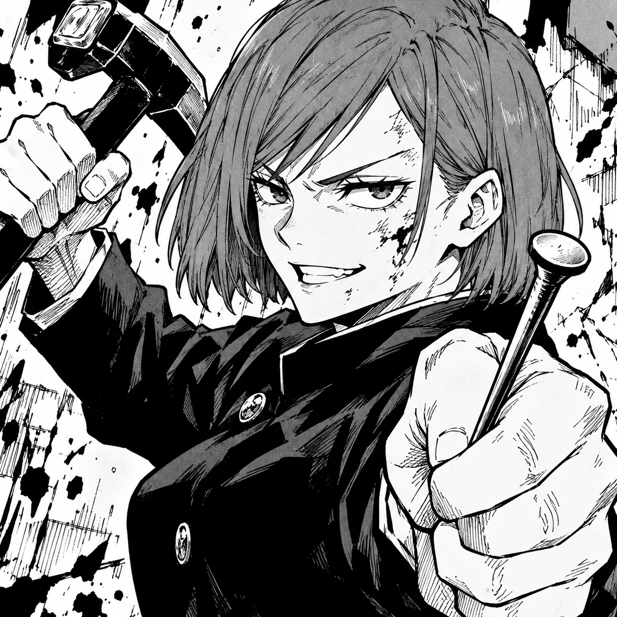JJK manga PFP of Nobara Kugisaki holding her hammer and nail mid-fight