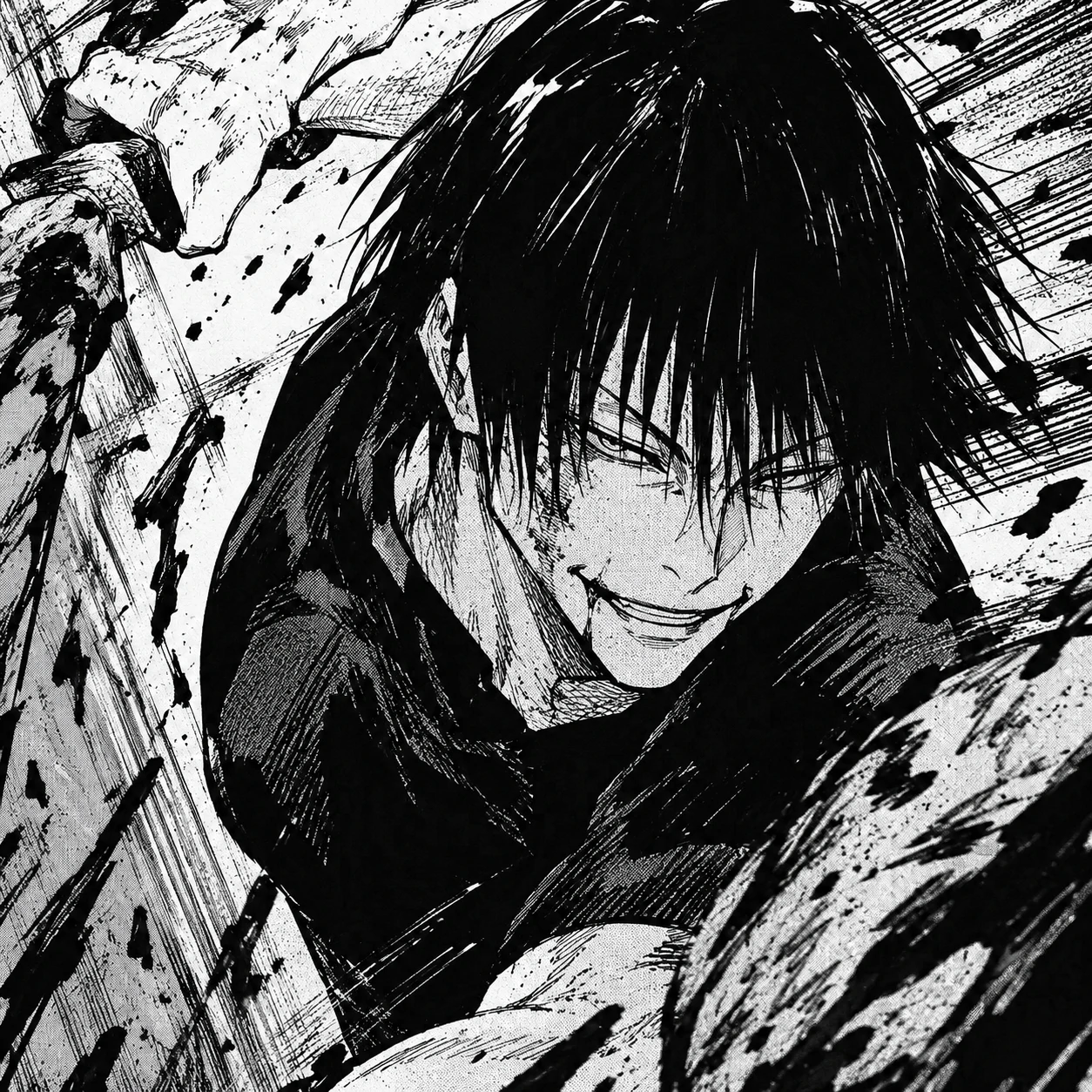 Raw black and white JJK manga PFP of Toji Fushiguro from an action panel