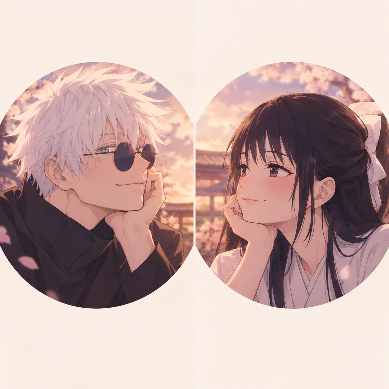 JJK couple matching PFP featuring Gojo and Utahime in soft romantic tones