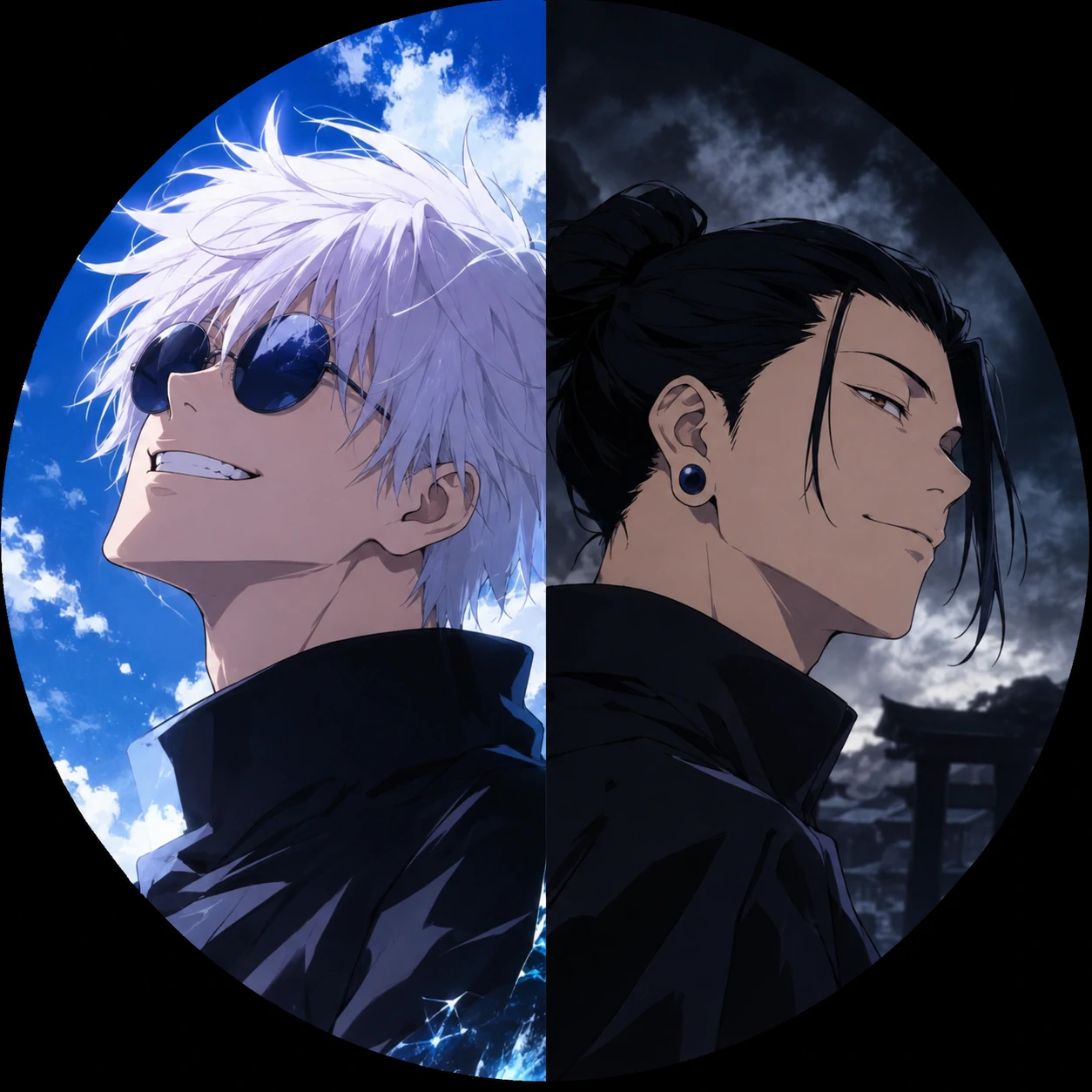 JJK matching PFP duo set of Gojo Satoru and Suguru Geto split-screen style