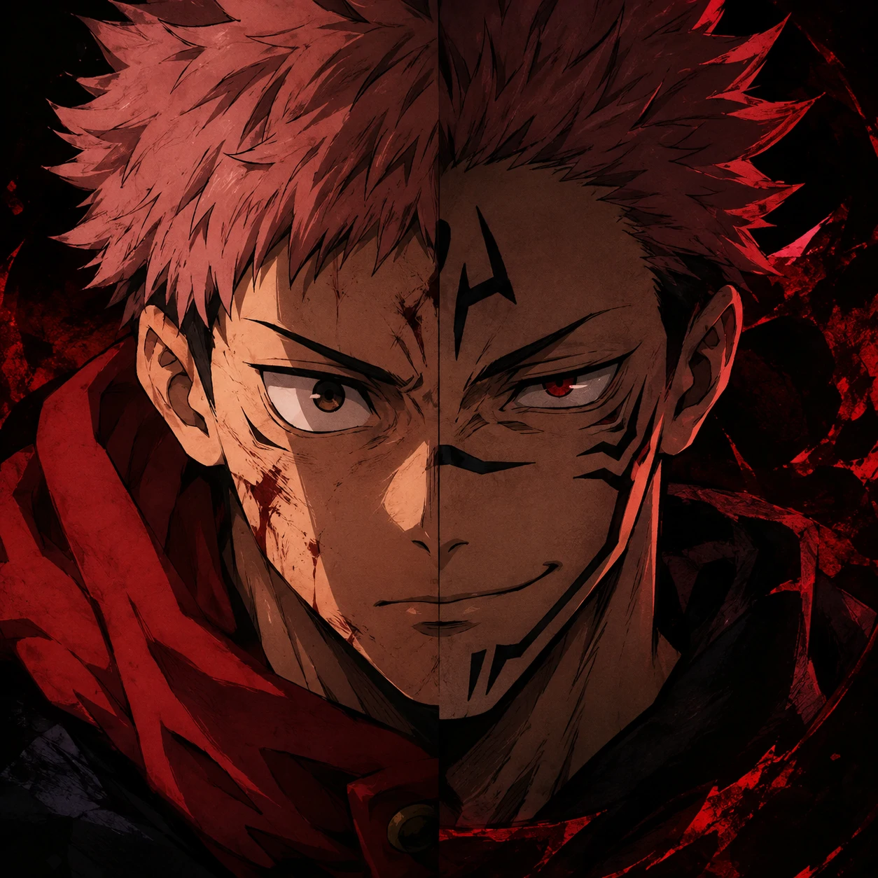 JJK matching PFP showing half of Yuji’s face and half of Sukuna’s face merged