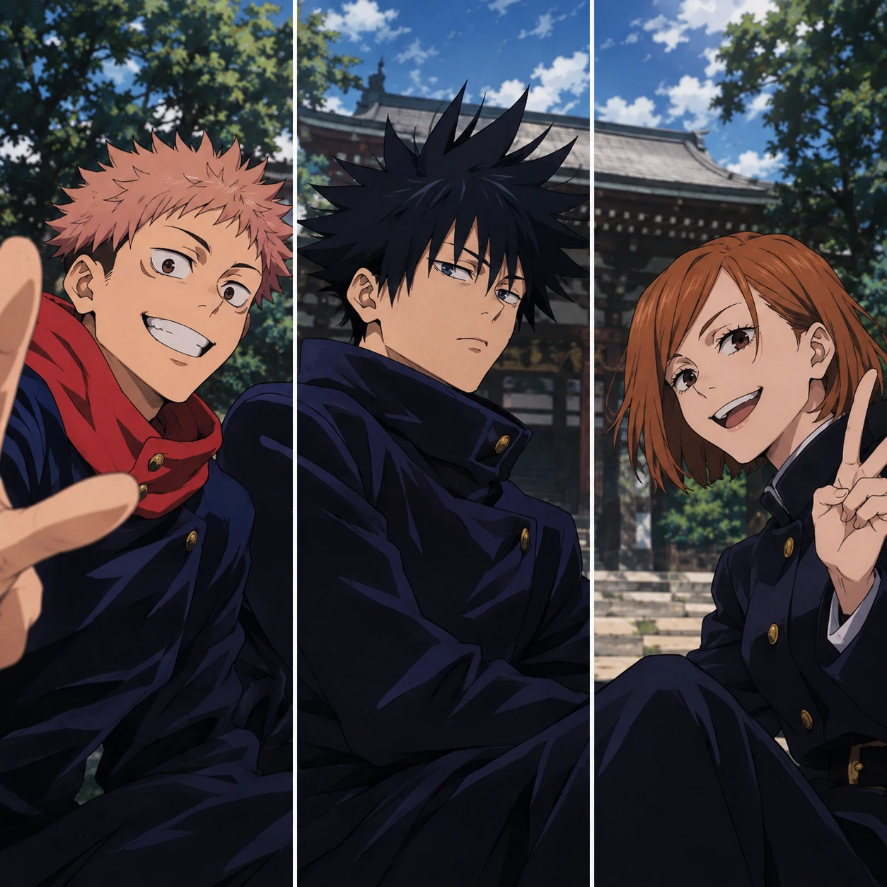 JJK matching PFP trio of Yuji, Megumi, and Nobara split across three profiles