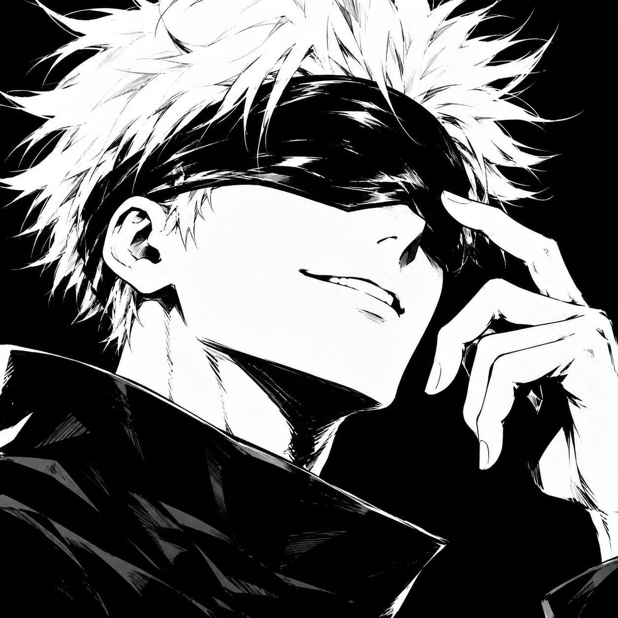 Black and white JJK PFP of Gojo Satoru in high-contrast monochrome style