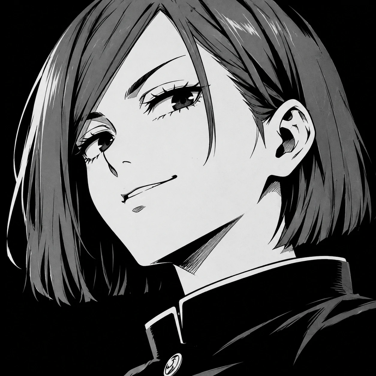 Black and white portrait JJK PFP of Nobara Kugisaki with confident expression