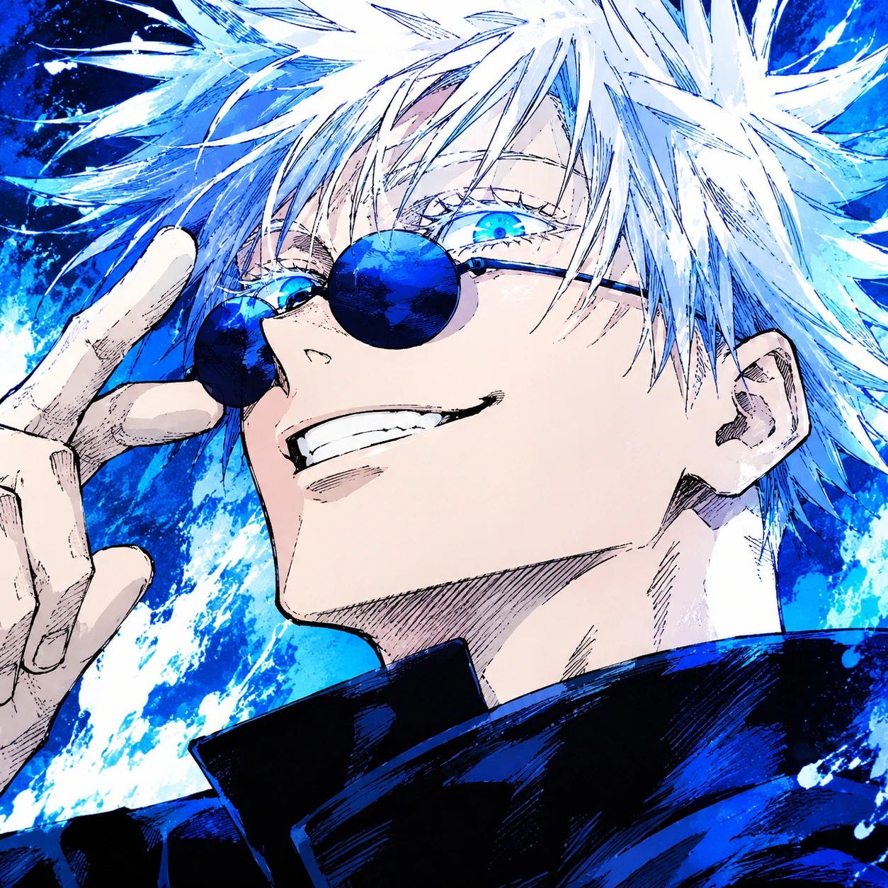 JJK manga PFP of Gojo Satoru as a fan-colored icon with vibrant blue tones