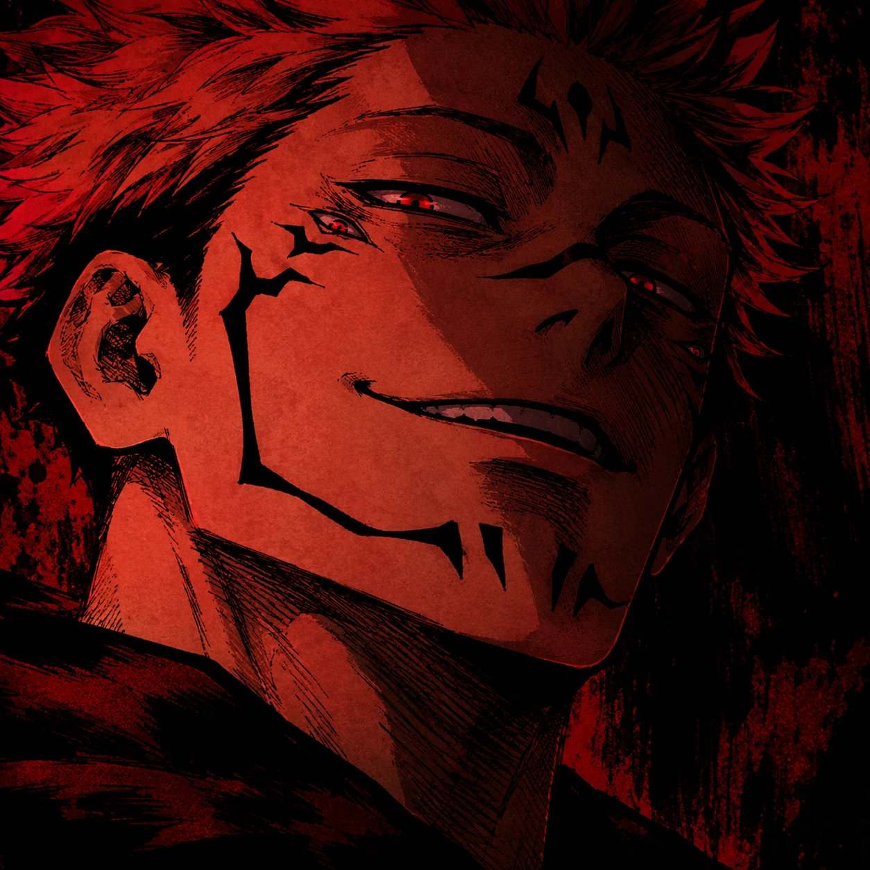 Colored JJK manga PFP icon of Sukuna smirking with deep red shading
