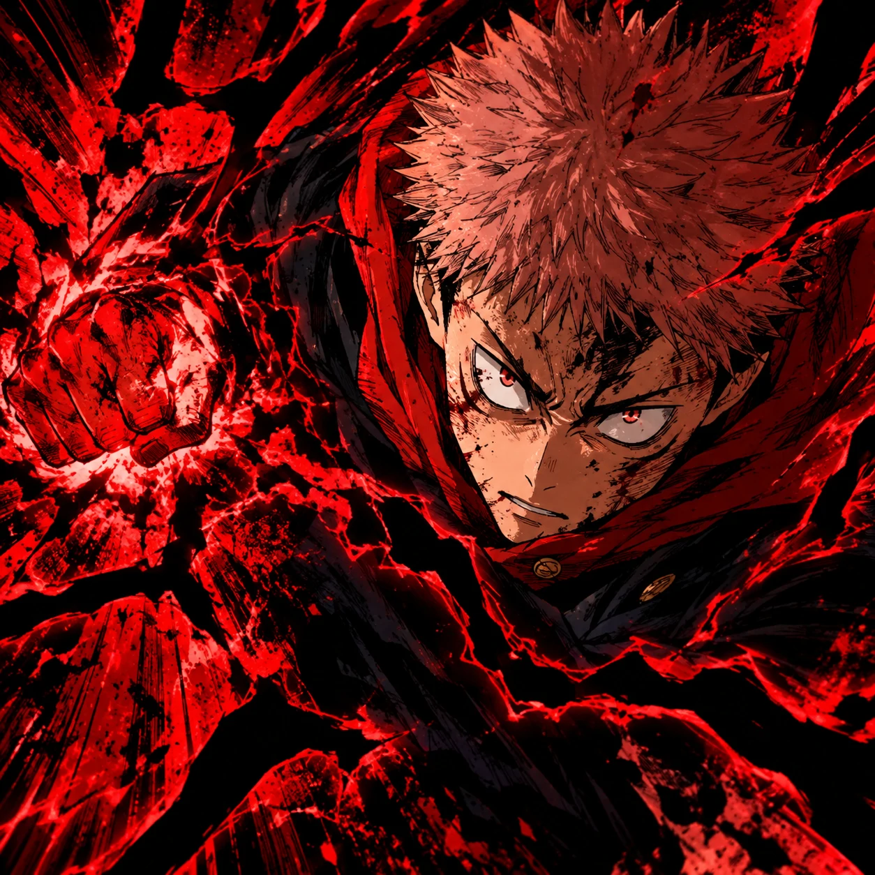 Colored JJK manga PFP of Yuji Itadori landing a Black Flash with red energy